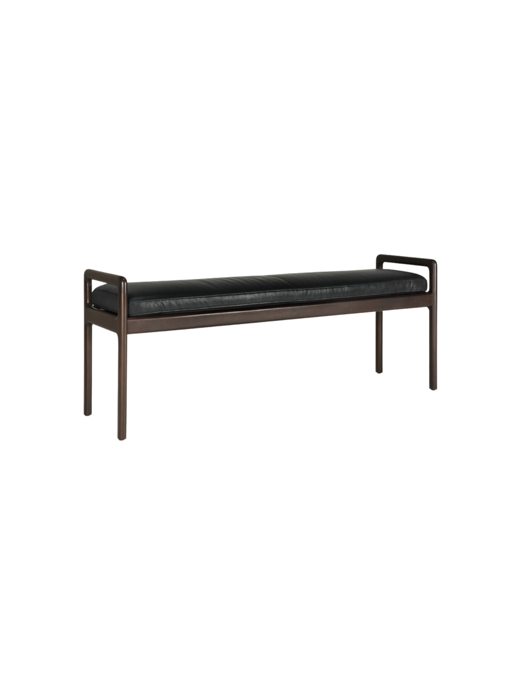 Ethnicraft Jack Bench, a modern mahogany dark brown bench with sleek black leather upholstery, featuring a minimalist design and sturdy wooden frame, displayed on a clean white background.