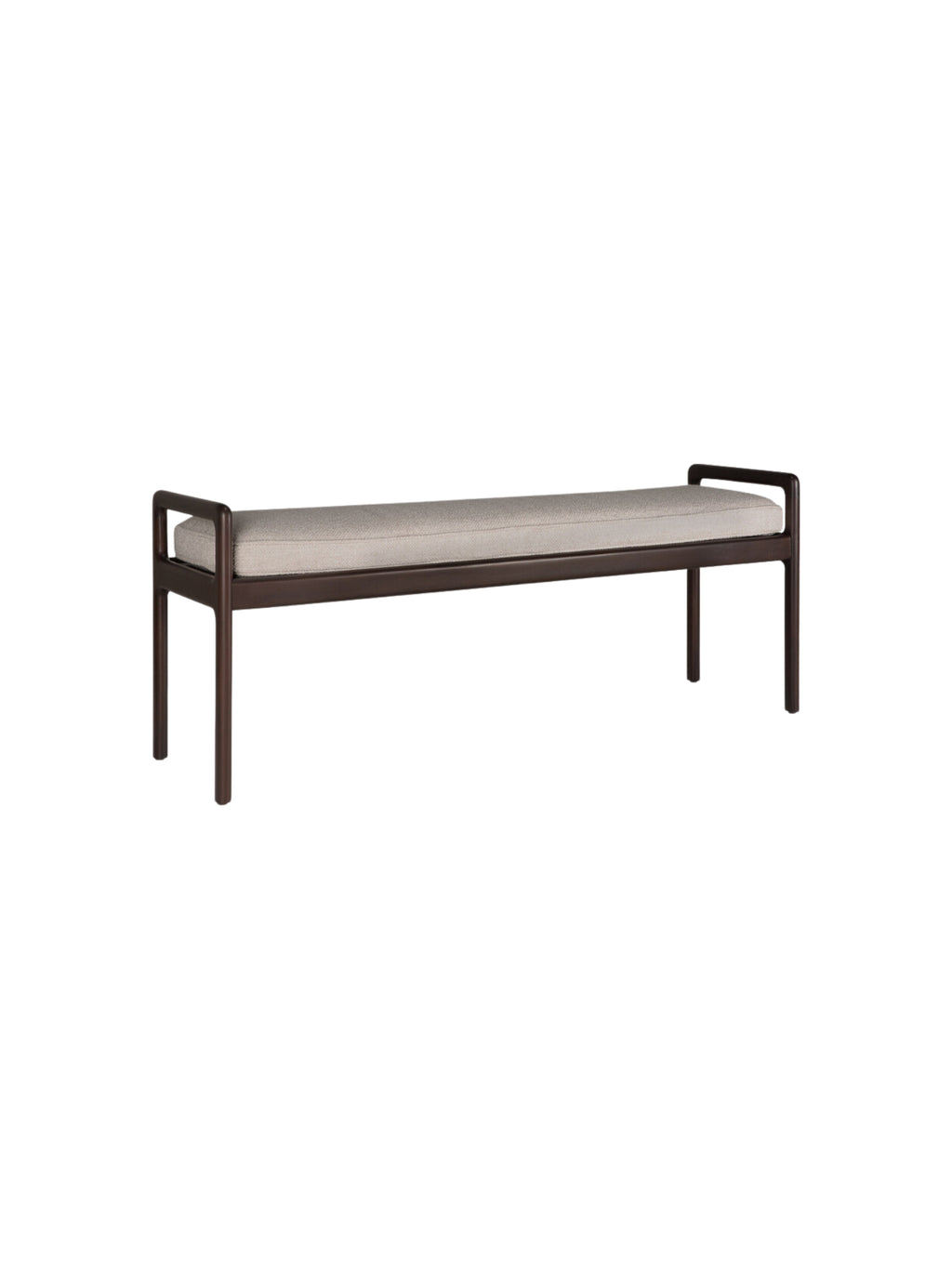 Ethnicraft Jack Bench, a full side view of the modern mahogany dark brown wooden bench with a long, comfortable ivory fabric cushion, displayed on a crisp white background.