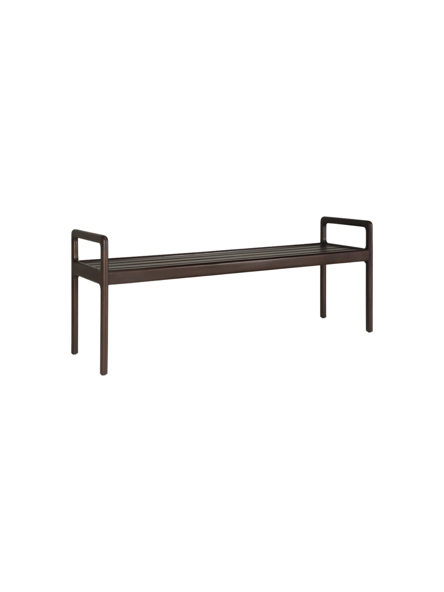 Ethnicraft Jack Bench in mahogany dark brown, a side view without a cushion, emphasizing its elongated, modern profile and the clean lines of the wooden slatted seat and frame.