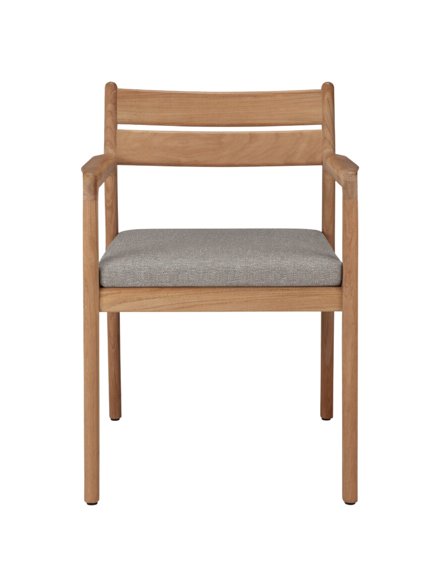 Ethnicraft Jack Outdoor Dining Chair With Armrest, a modern minimalist outdoor dining chair crafted from durable solid teak wood with a natural finish and clean lines. It features a slatted backrest, rounded armrests, and a comfortable light grey upholstered cushion. Perfect for contemporary patio dining, garden furniture, or Scandinavian-inspired outdoor spaces.