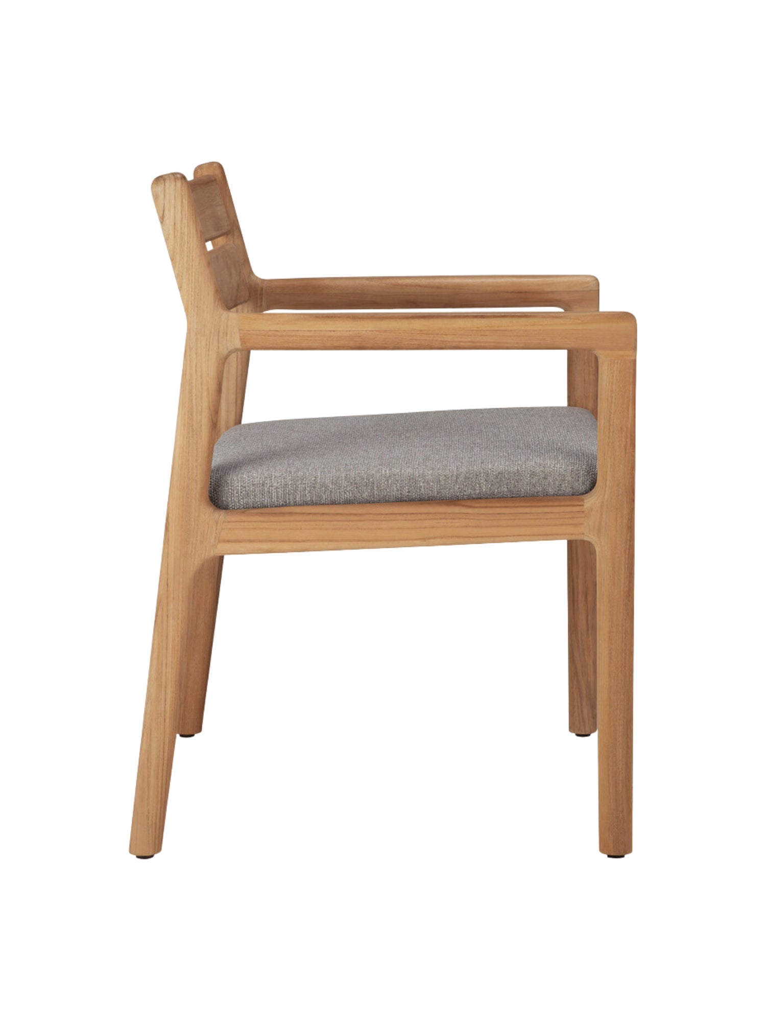 Ethnicraft Jack Outdoor Dining Chair With Armrest, a modern minimalist outdoor chair crafted from durable solid teak wood with a natural finish and a comfortable light grey upholstered seat. Its clean lines, integrated armrests, and subtly slated backrest define its contemporary Scandinavian design. Ideal for stylish outdoor dining areas, patios, and garden settings.