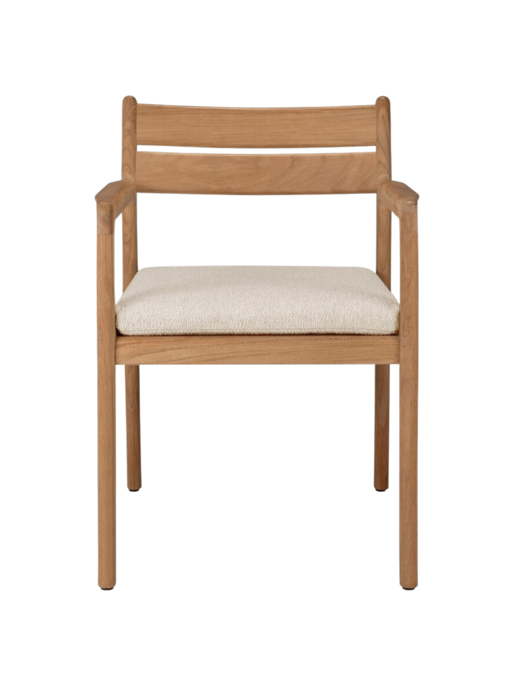 Ethnicraft Jack Outdoor Dining Chair With Armrest, a modern solid teak wood dining chair featuring a natural finish, a horizontally slatted backrest, and integrated armrests, complemented by a removable cream upholstered cushion. This contemporary and minimalist outdoor armchair is ideal for Scandinavian patio dining, garden relaxation, or stylish deck seating.