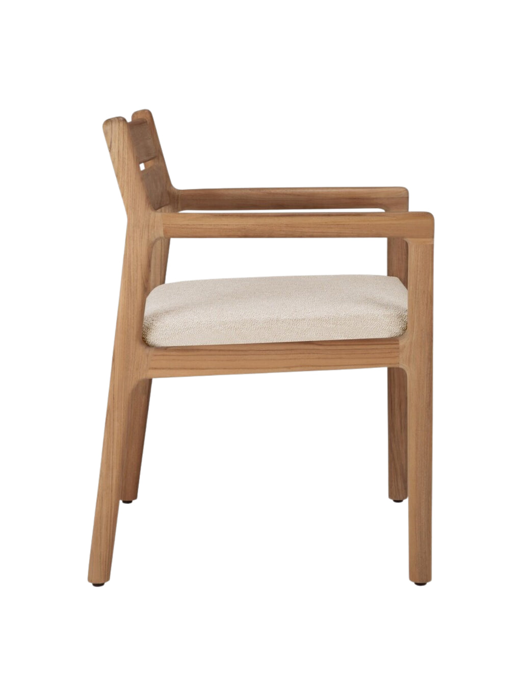 Ethnicraft Jack Outdoor Dining Chair With Armrest, a modern outdoor armchair crafted from durable solid teak wood with a natural light brown finish and clean, minimalist lines. It features a supportive slatted backrest detail, comfortable armrests, and a plush, removable cream-colored outdoor fabric cushion. Perfect for contemporary patio dining, garden seating, or stylish balcony arrangements.