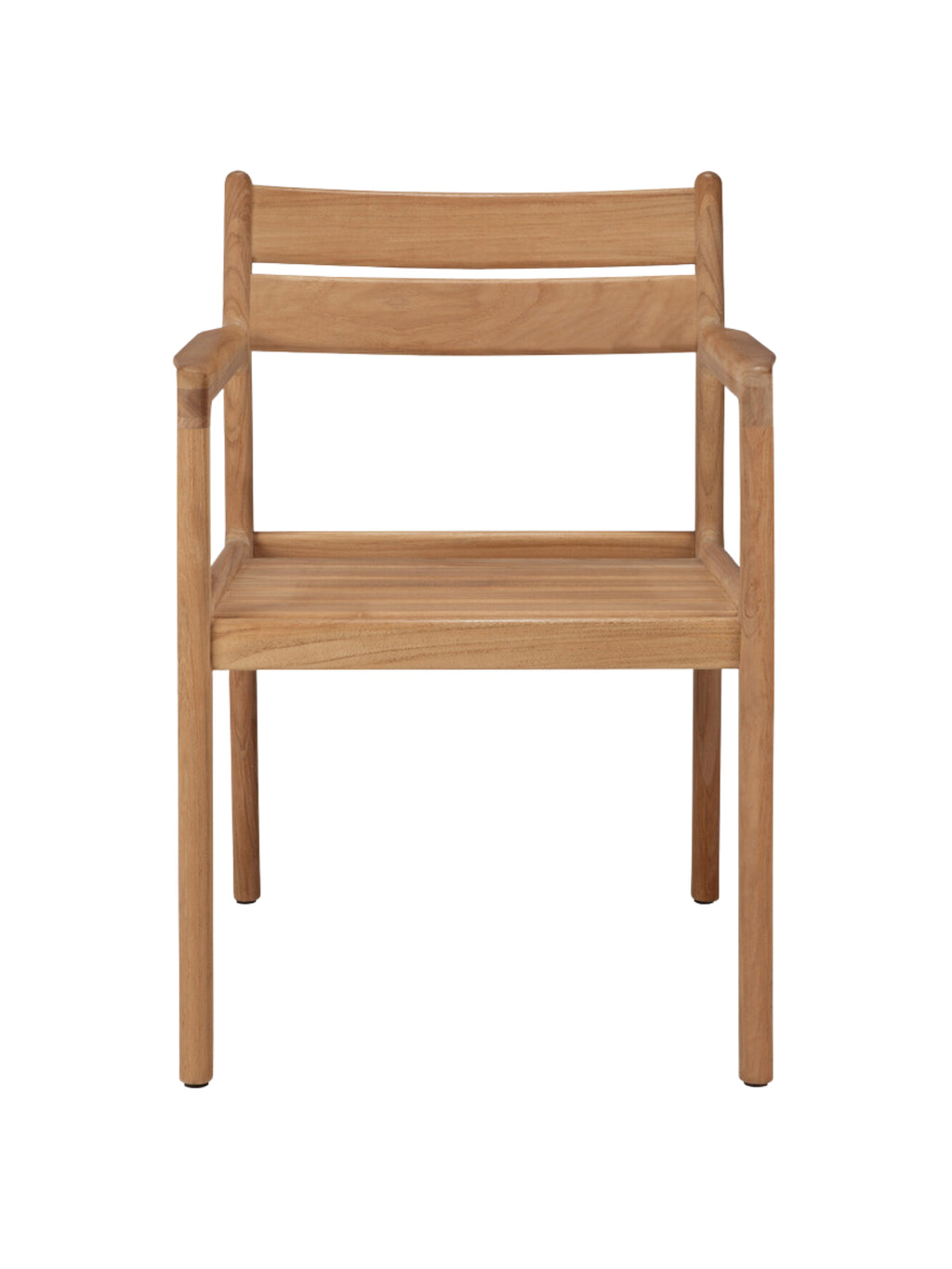 Ethnicraft Jack Outdoor Dining Chair With Armrest, a modern minimalist outdoor dining chair crafted from durable solid teak wood with a natural light brown finish and visible wood grain texture. This contemporary teak armchair features a slatted backrest and seat, straight legs, and integrated armrests for comfortable patio dining. Ideal for Scandinavian-inspired outdoor living spaces, garden furniture, or a stylish balcony.