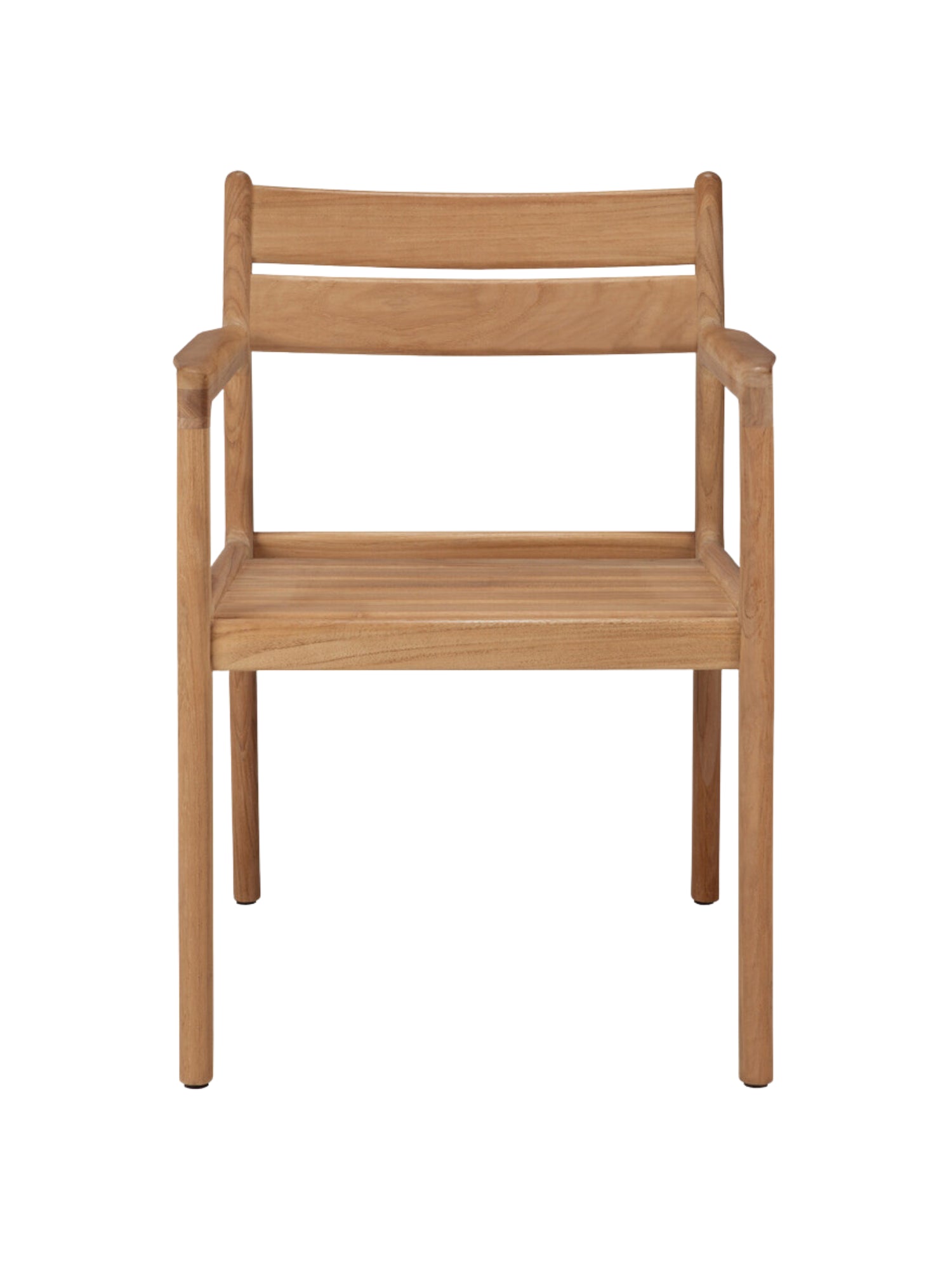 Ethnicraft Jack Outdoor Dining Chair With Armrest, a modern minimalist outdoor dining chair crafted from durable solid teak wood with a natural light brown finish and visible wood grain texture. This contemporary teak armchair features a slatted backrest and seat, straight legs, and integrated armrests for comfortable patio dining. Ideal for Scandinavian-inspired outdoor living spaces, garden furniture, or a stylish balcony.