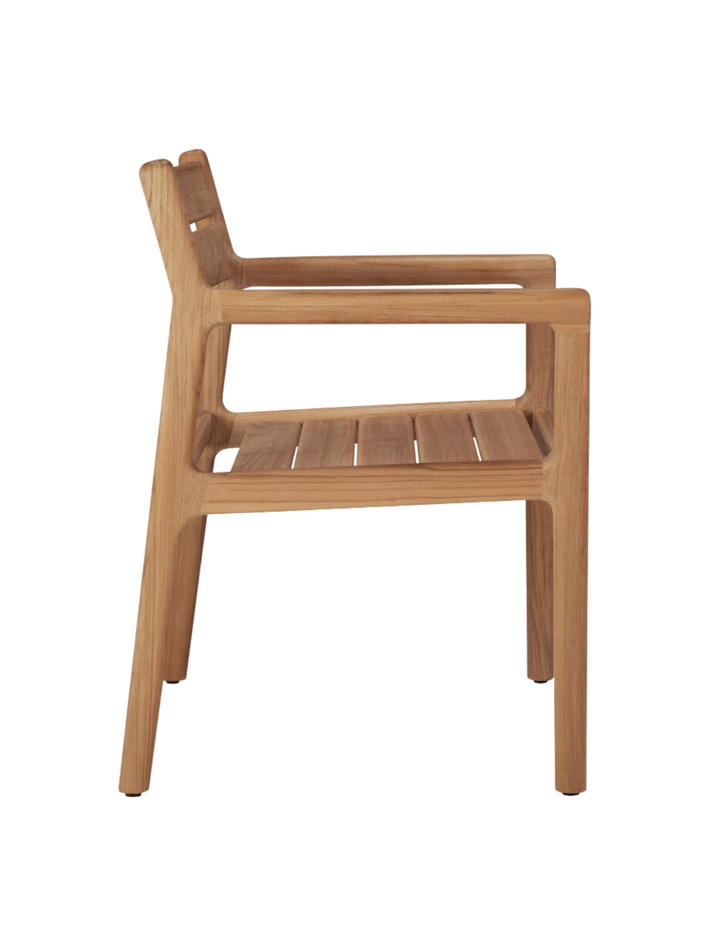 Ethnicraft Jack Outdoor Dining Chair With Armrest, a modern minimalist dining chair crafted from durable solid teak wood with a natural honey-brown finish and a clean slatted seat and backrest. This contemporary wooden armchair features integrated armrests and sturdy rectangular legs, perfect for stylish patio dining, outdoor kitchen seating, or garden furniture.