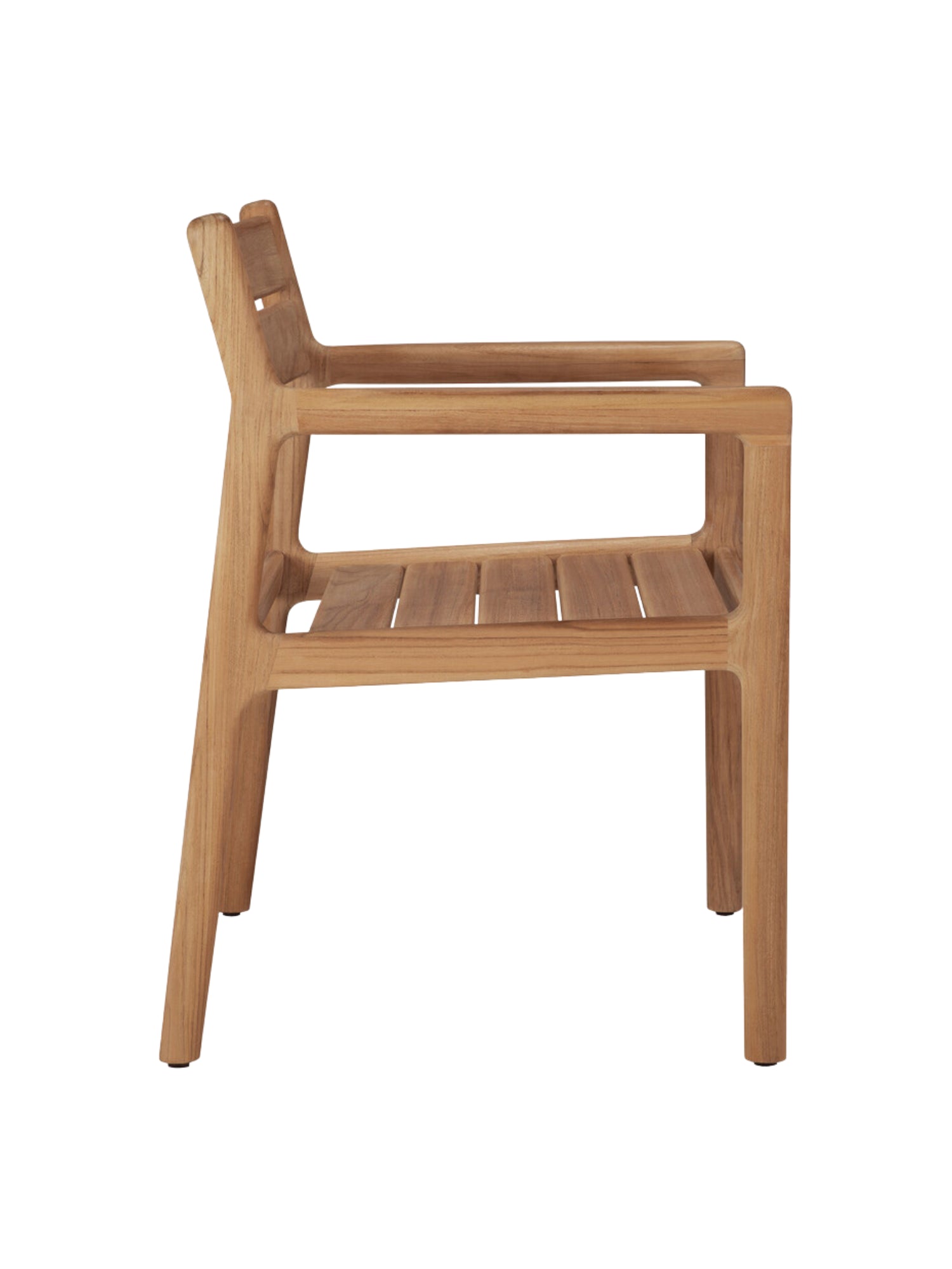 Ethnicraft Jack Outdoor Dining Chair With Armrest, a modern minimalist dining chair crafted from durable solid teak wood with a natural honey-brown finish and a clean slatted seat and backrest. This contemporary wooden armchair features integrated armrests and sturdy rectangular legs, perfect for stylish patio dining, outdoor kitchen seating, or garden furniture.