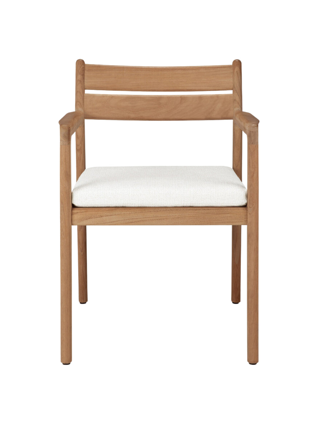 Ethnicraft Jack Outdoor Dining Chair With Armrest, a modern minimalist outdoor dining chair crafted from durable natural teak wood with a clean-lined frame, two horizontal back slats, and gently rounded armrests. It features a plush, removable white outdoor cushion for comfort and style, designed to withstand the elements. Perfect as a contemporary patio chair or for enhancing any Scandinavian-inspired outdoor dining space.