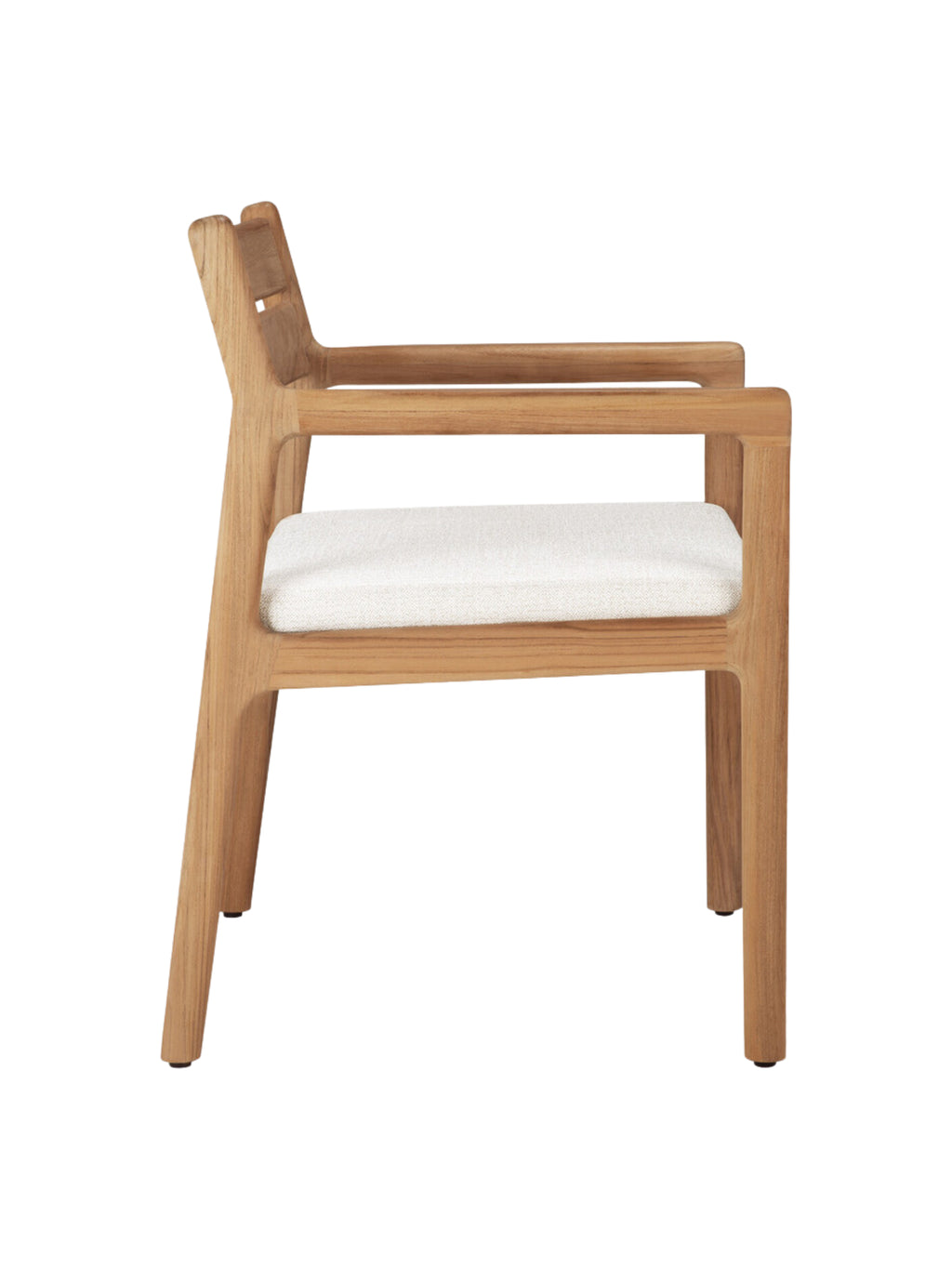 Ethnicraft Jack Outdoor Dining Chair With Armrest, a modern minimalist outdoor armchair crafted from a solid teak wood frame in a natural light brown finish, featuring clean lines, integrated armrests, and a gently curved backrest. It includes a comfortable white upholstered seat cushion made with durable outdoor fabric. Perfect for contemporary patio dining, garden seating, or stylish outdoor living spaces.