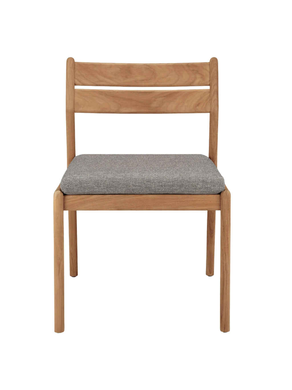 Ethnicraft Jack Outdoor Dining Chair Without Armrest, a modern minimalist dining chair crafted from durable solid teak wood with a natural finish, featuring a clean-lined frame, two horizontal back slats, and a comfortable grey upholstered seat cushion. This Scandinavian-inspired teak wood chair is perfect for contemporary outdoor dining areas, patios, or garden spaces.