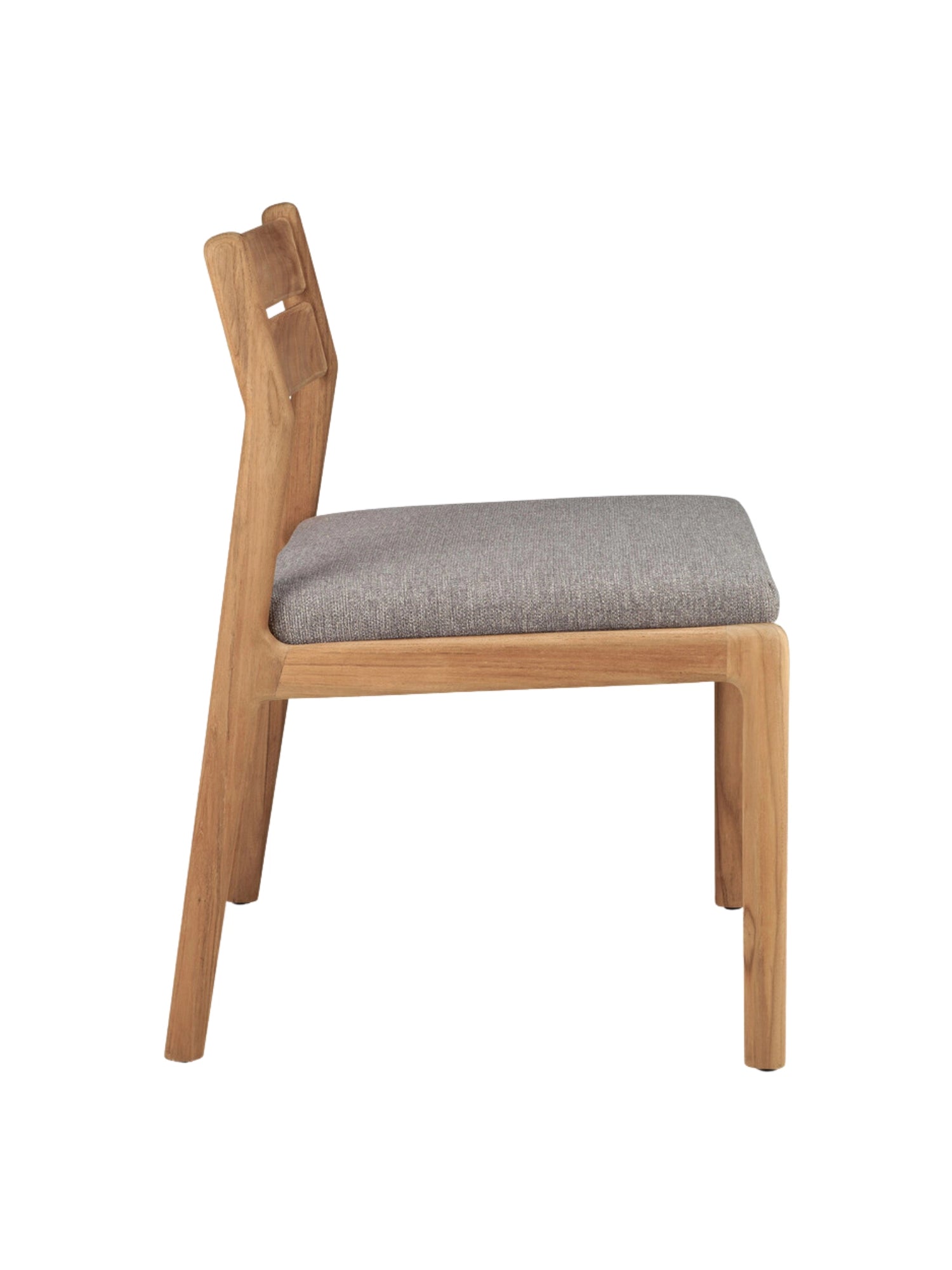 Ethnicraft Jack Outdoor Dining Chair Without Armrest, a modern minimalist dining chair crafted from durable solid teak wood with a natural finish and a comfortable light grey upholstered seat.