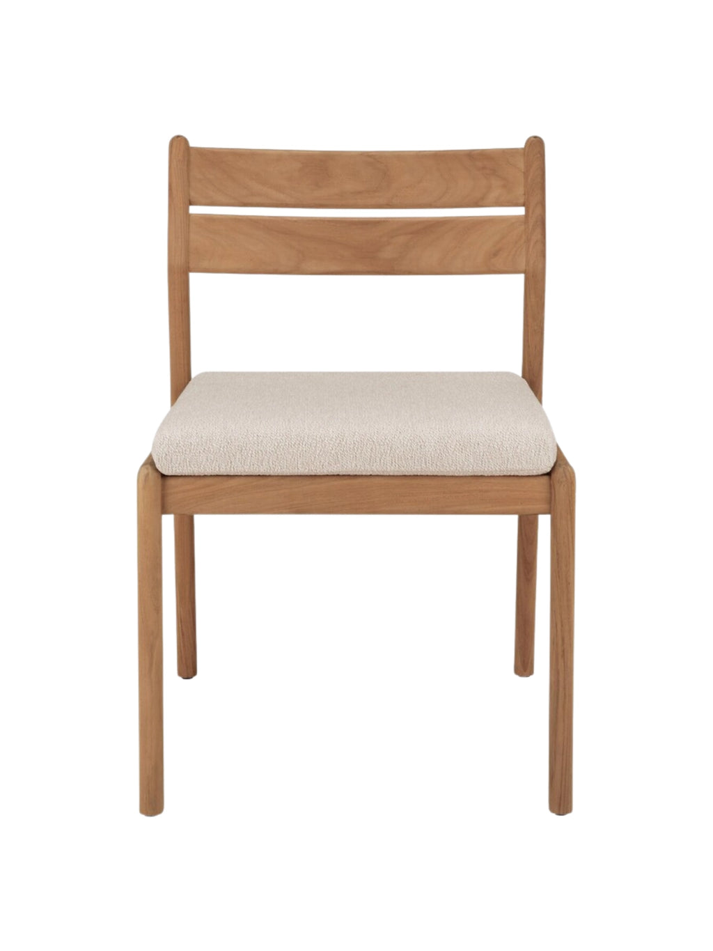 Ethnicraft Jack Outdoor Dining Chair Without Armrest, a modern minimalist outdoor dining chair crafted from durable solid teak wood with a natural finish, featuring a clean slatted backrest and a comfortable cream-colored textured fabric cushion. This contemporary teak dining chair is perfect for stylish patio dining, garden seating, or any outdoor living space seeking Scandinavian-inspired furniture.