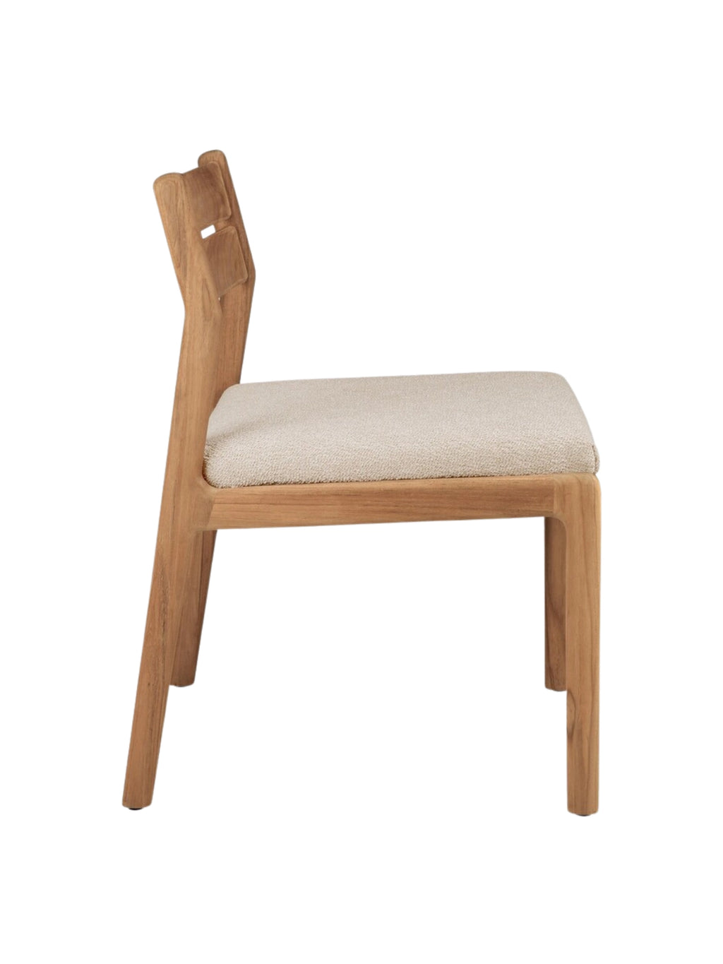 Ethnicraft Jack Outdoor Dining Chair Without Armrest, a modern minimalist outdoor chair crafted from durable solid teak wood with a warm natural finish and a distinctive cutout detail on the backrest.