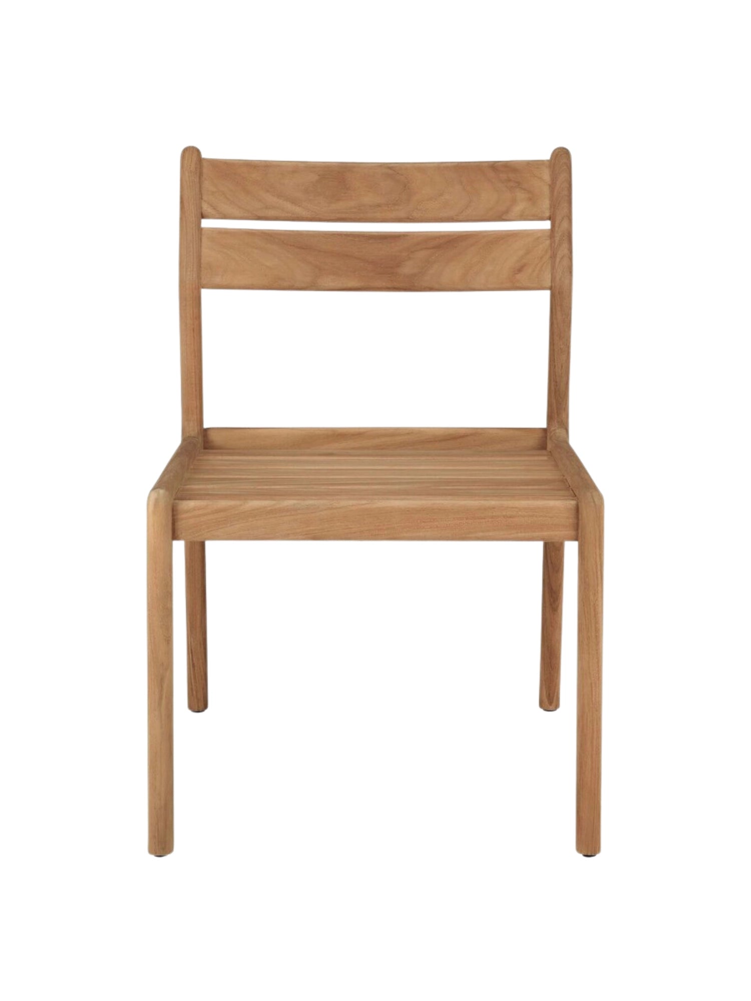 Ethnicraft Jack Outdoor Dining Chair Without Armrest, crafted from durable solid teak wood with a natural light brown finish and visible wood grain, featuring a minimalist design with a slatted backrest and seat, and gently rounded edges. This modern outdoor dining chair is perfect for contemporary patio setups, garden furniture, and stylish outdoor living spaces.