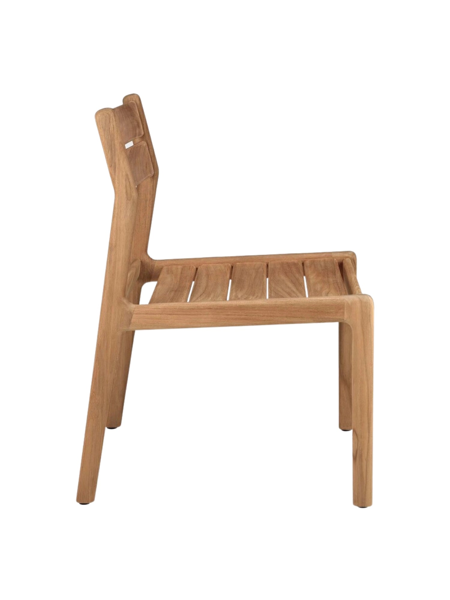 Ethnicraft Jack Outdoor Dining Chair Without Armrest, a modern minimalist dining chair crafted from durable solid teak wood in a natural light brown finish. It features a gently curved slatted backrest and a comfortable slatted seat, showcasing clean lines and robust construction. This contemporary solid wood outdoor chair is perfect for enhancing a patio, garden, or balcony with its Scandinavian-inspired design, offering stylish and resilient seating for outdoor dining.