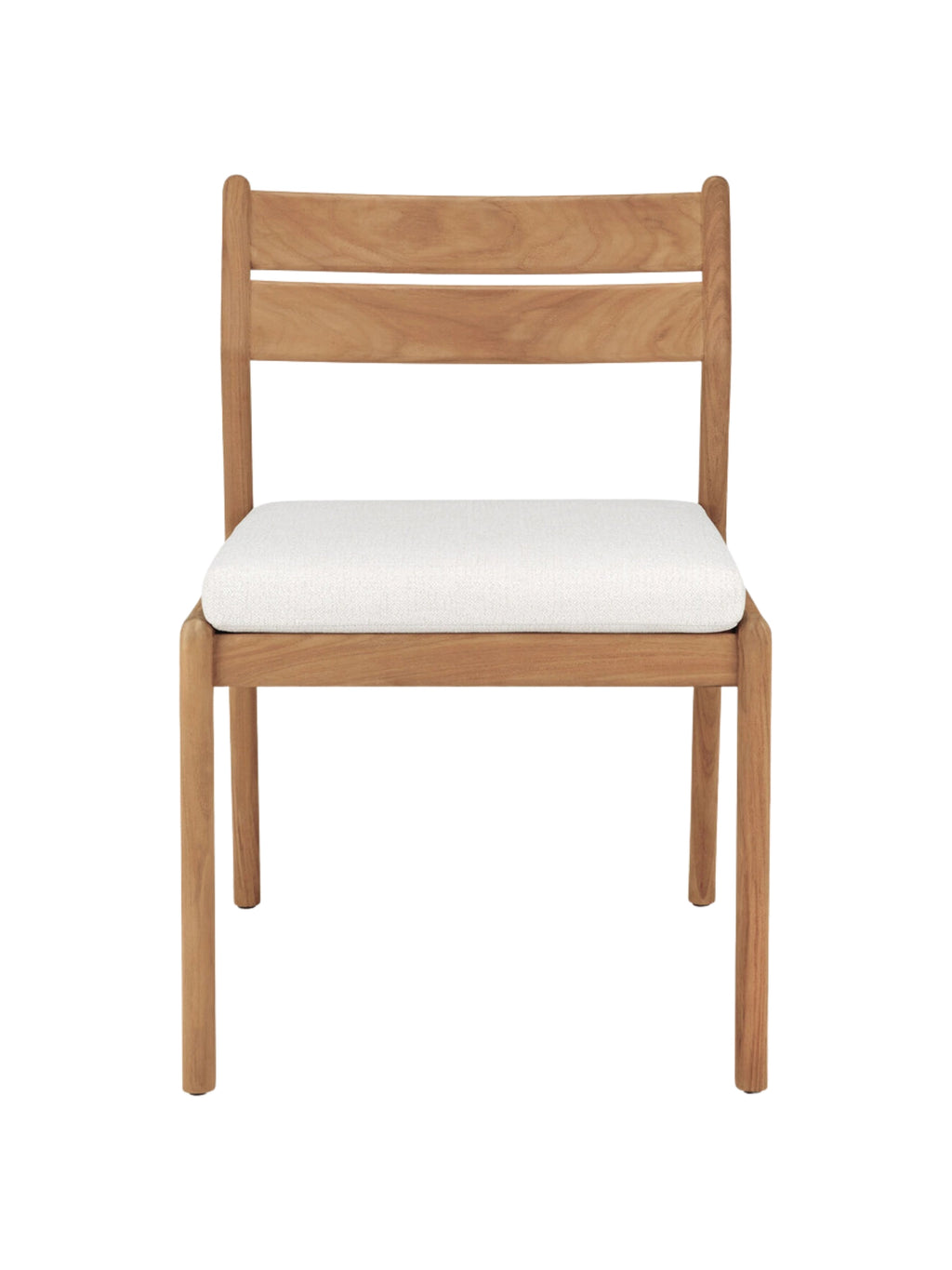 Ethnicraft Jack Outdoor Dining Chair Without Armrest, a sleek modern dining chair made from natural solid teak wood with a warm grain and rounded edges, designed for outdoor use.