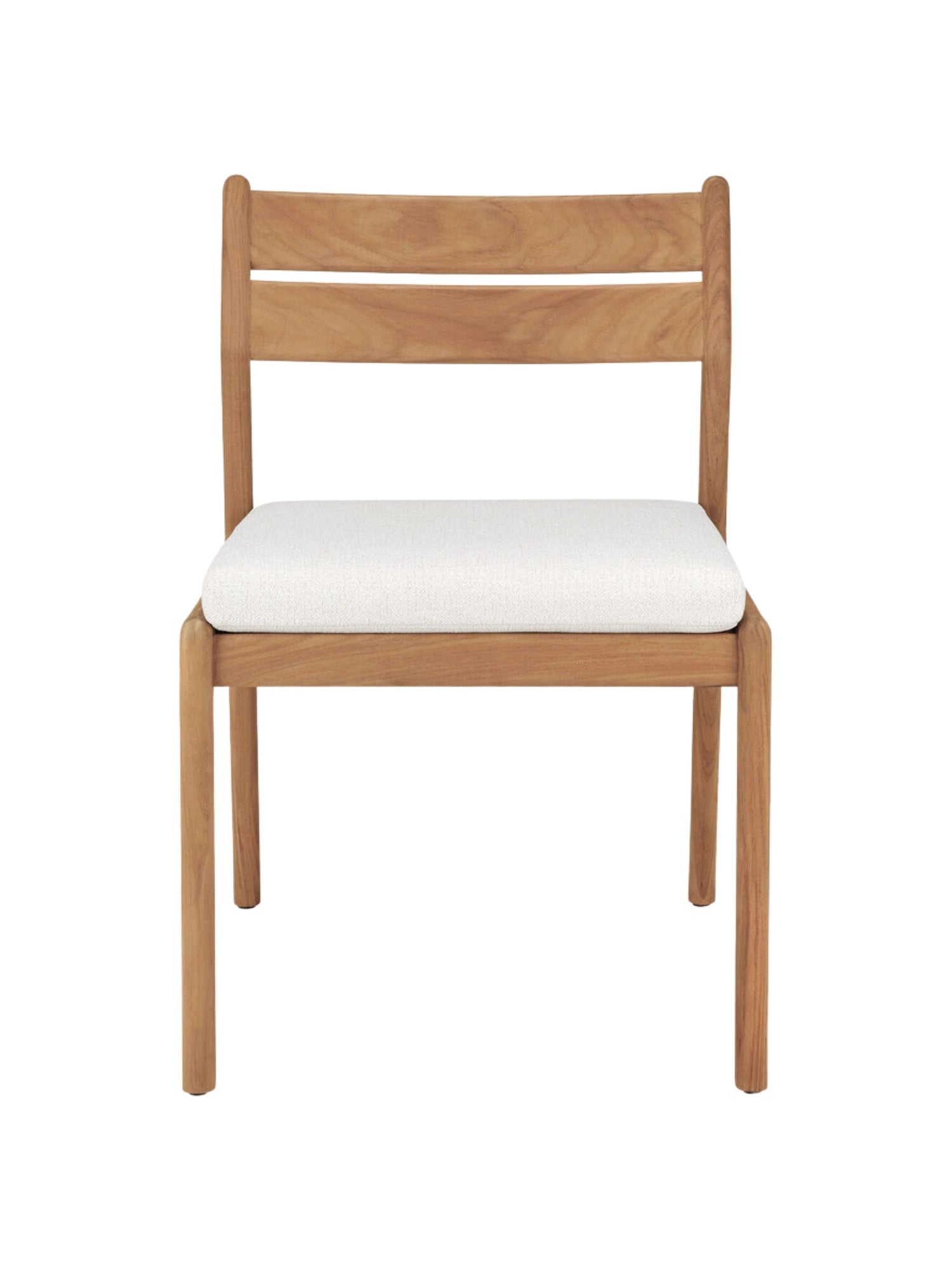 Ethnicraft Jack Outdoor Dining Chair Without Armrest, a sleek modern dining chair made from natural solid teak wood with a warm grain and rounded edges, designed for outdoor use.