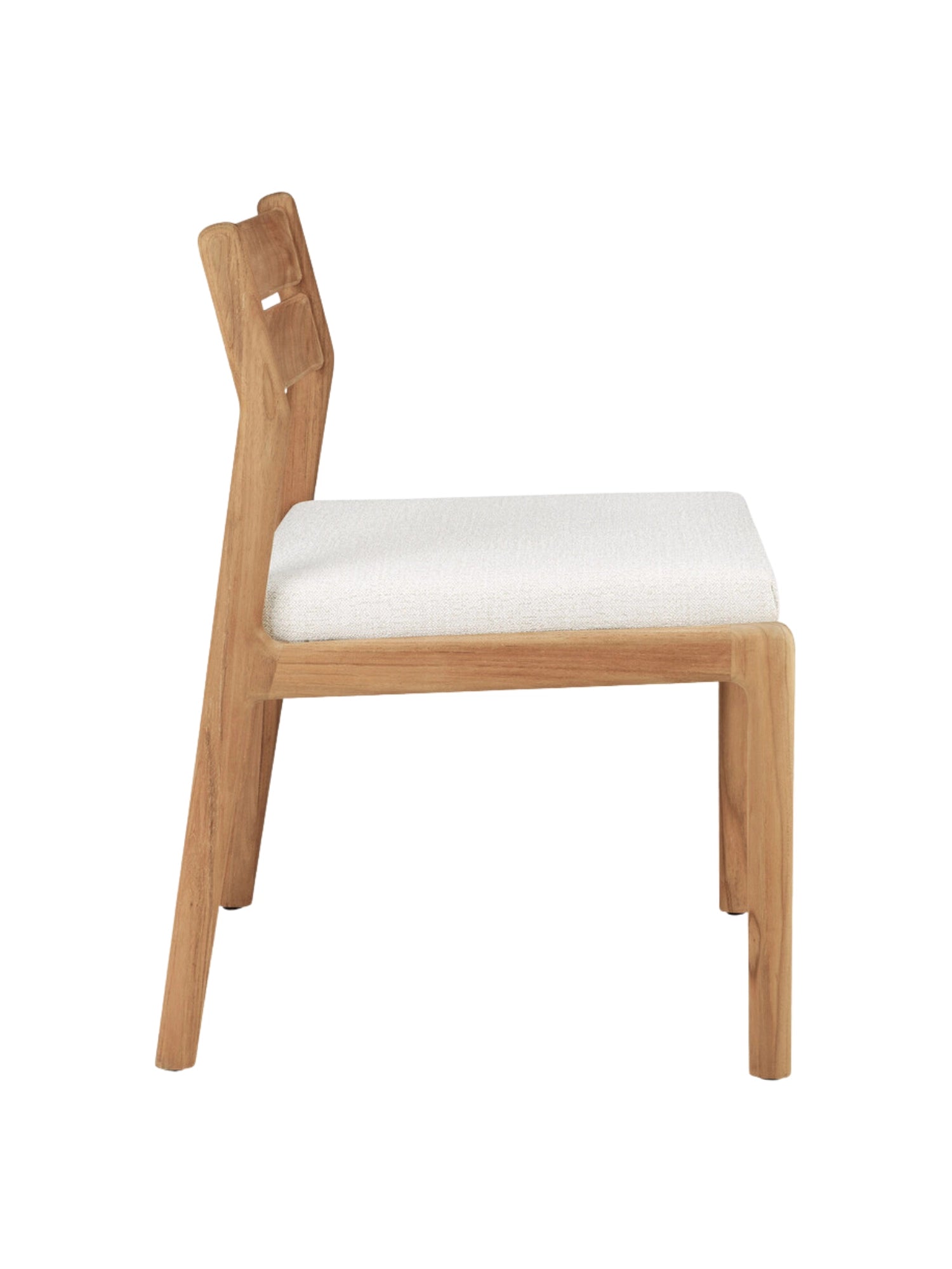 Ethnicraft Jack Outdoor Dining Chair Without Armrest, a modern solid teak wood dining chair with a light natural finish and a comfortable, weather-resistant light cream upholstered seat.