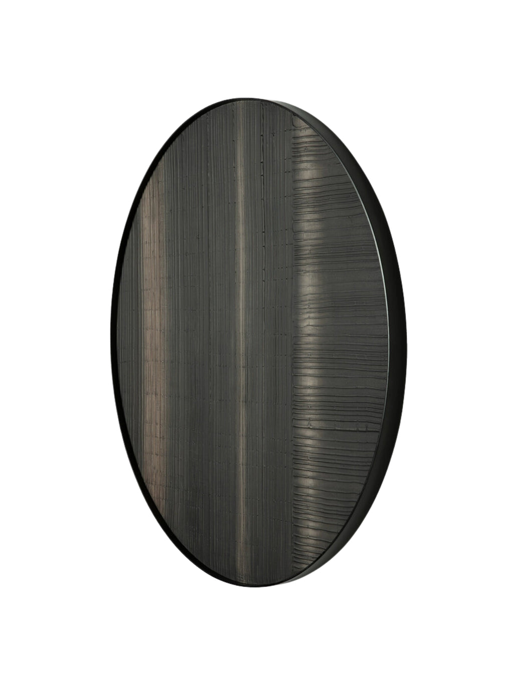 Ethnicraft Layered Clay Wall Art, a striking circular wall sculpture crafted from dark charcoal clay, featuring a deeply textured surface with organic vertical and subtle horizontal raked lines.