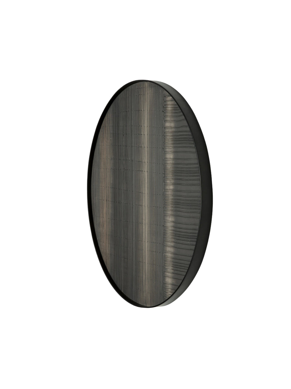 Ethnicraft Layered Clay Wall Art, a striking round wall decor piece featuring a dark grey central panel with a distinctive layered, linear clay texture, encased in a sleek matte black metal frame. This modern minimalist wall art brings an organic modern touch to living rooms, bedrooms, or contemporary entryways.