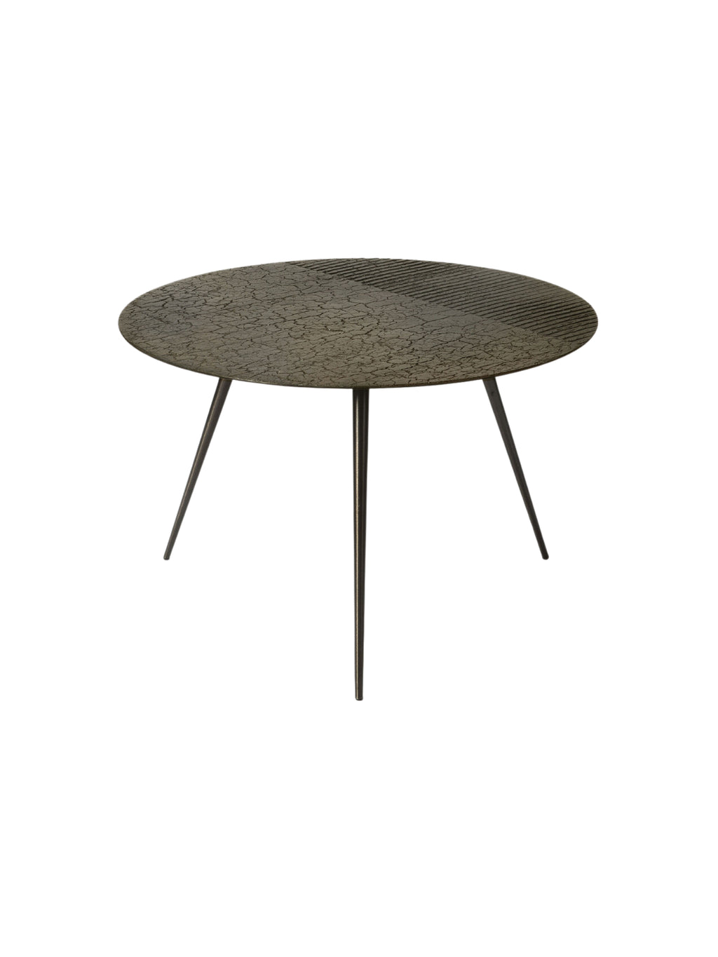 Ethnicraft Luna Coffee Table in Whisky finish, 65 cm size, featuring a round, dark bronze tabletop with both cracked and grooved textures, supported by three sleek, tapered metal legs, on a white background.