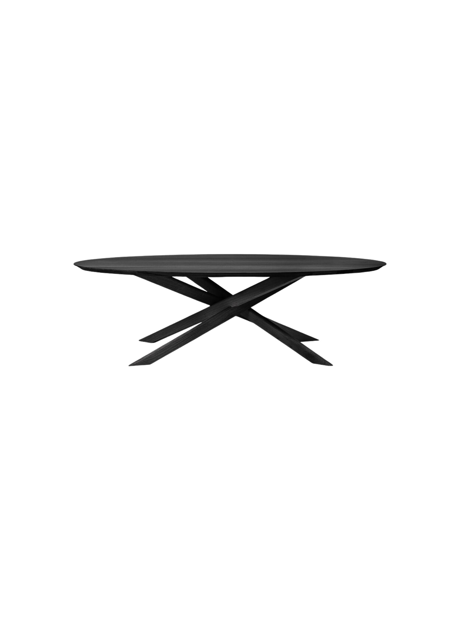 Ethnicraft Mikado Dining Table, a sophisticated modern oval dining table crafted from solid dark oak wood, featuring a smoothly finished tabletop and a distinctive sculptural cross-leg base. This contemporary black oak dining table is ideal for creating a focal point in minimalist dining rooms or open-plan living areas.