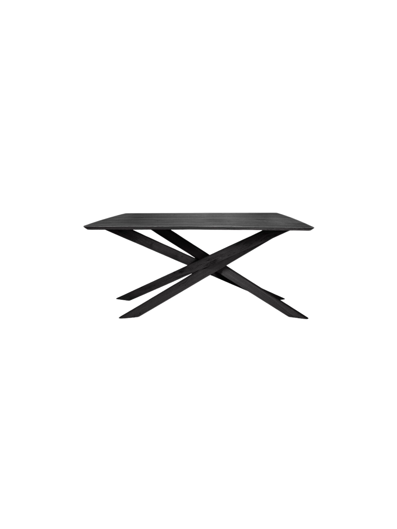Ethnicraft Mikado Dining Table, a striking modern dining table crafted from solid black oak with a rectangular top and a unique, sculptural criss-cross X-shaped base. Its matte black finish highlights the subtle wood grain, offering a contemporary minimalist aesthetic. Ideal for a sophisticated modern dining room or an industrial chic kitchen space.
