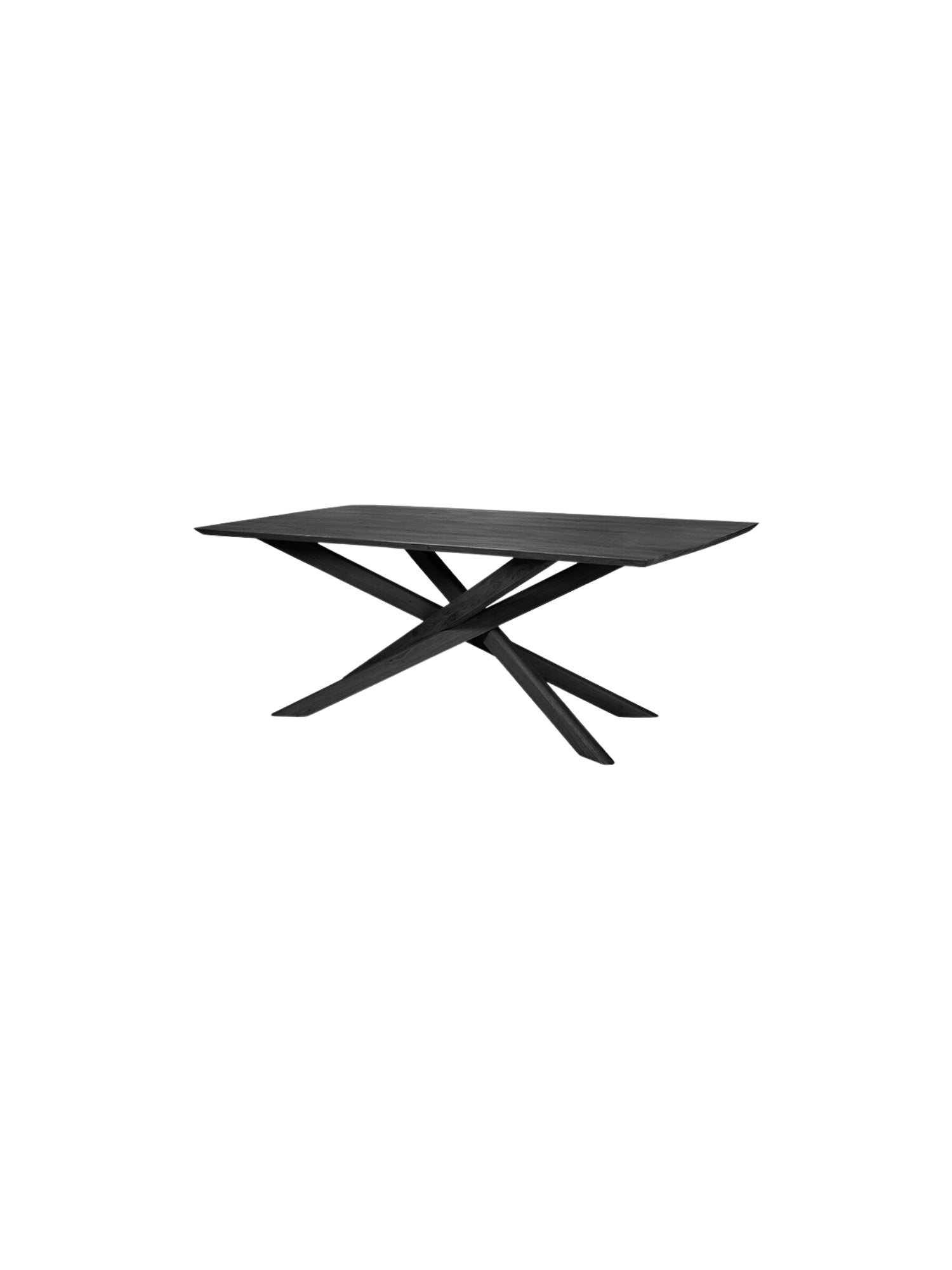 Ethnicraft Mikado Dining Table, a contemporary solid oak dining table featuring a distinct rectangular top with subtly angled edges and a striking sculptural criss-cross base, finished in a rich blackened oak for a modern minimalist aesthetic. Ideal as a sophisticated centerpiece for a contemporary dining room or open-plan living space.
