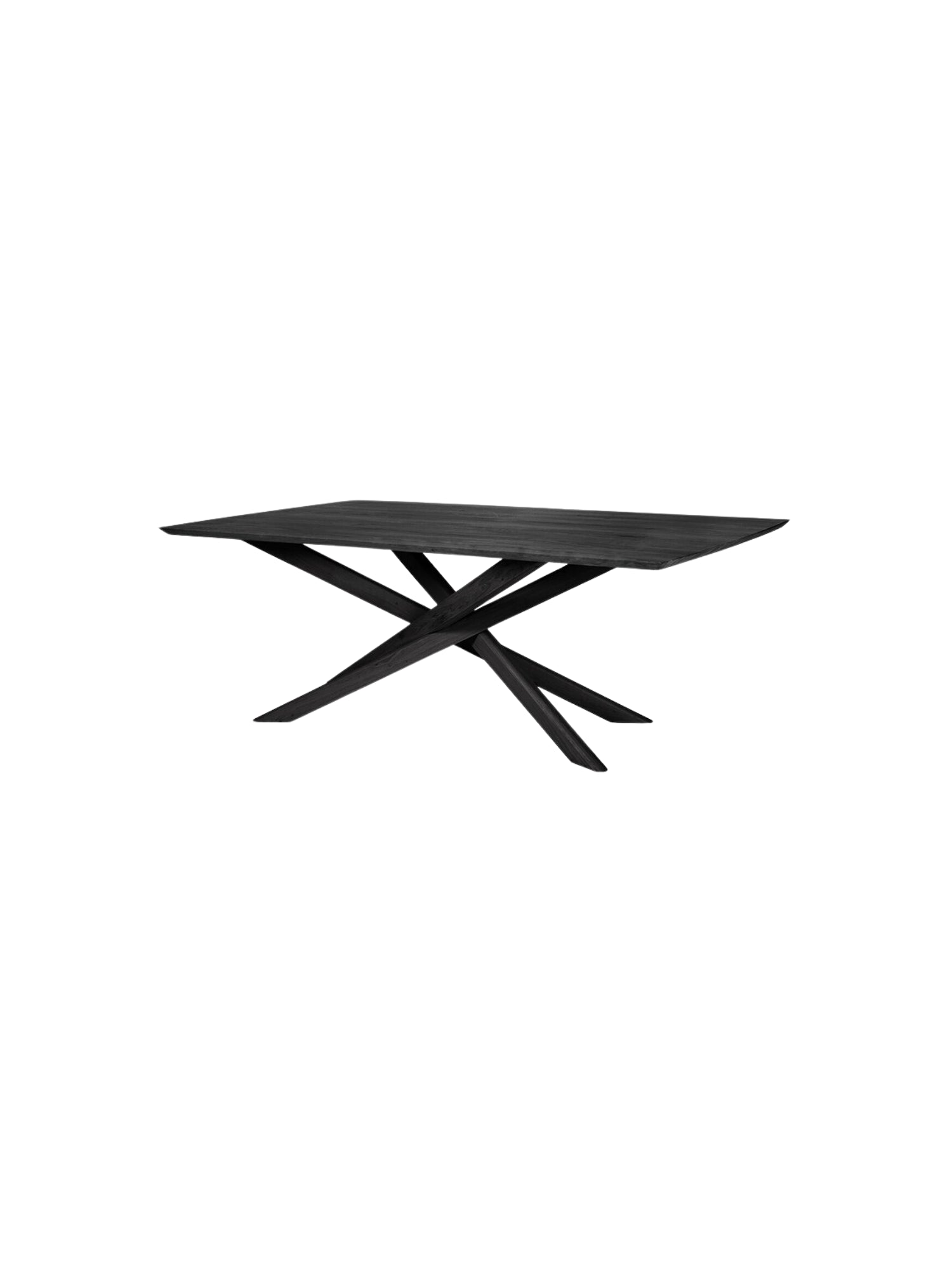 Ethnicraft Mikado Dining Table, a contemporary rectangular dining table crafted from black stained solid oak wood with a visible grain texture. It features a distinctive sculptural interlocking leg design, forming an elegant criss-cross base that adds a modern minimalist aesthetic. Ideal as a statement piece for a modern dining room, kitchen dining area, or sophisticated contemporary interior.