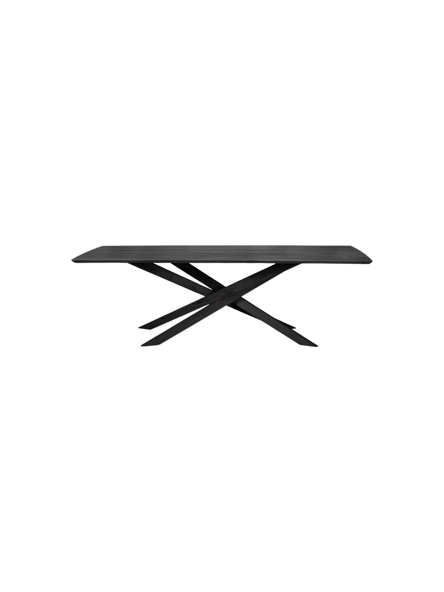 Ethnicraft Mikado Dining Table, a solid black stained oak dining table featuring a sleek rectangular tabletop with subtly rounded edges and a distinctive sculptural base of interlocking, angled solid wood legs. This modern minimalist dining table offers a contemporary design aesthetic for elegant dining rooms and open-plan living spaces.