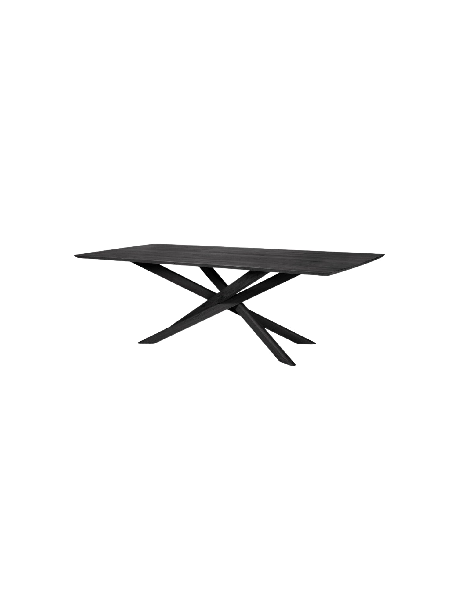 Ethnicraft Mikado Dining Table, a contemporary rectangular dining table crafted from dark stained solid oak with a striking sculptural criss-cross base. This minimalist yet eye-catching design features a smooth, deep charcoal wood finish and clean lines. Ideal for modern dining rooms, large kitchen areas, or sophisticated entertaining spaces.