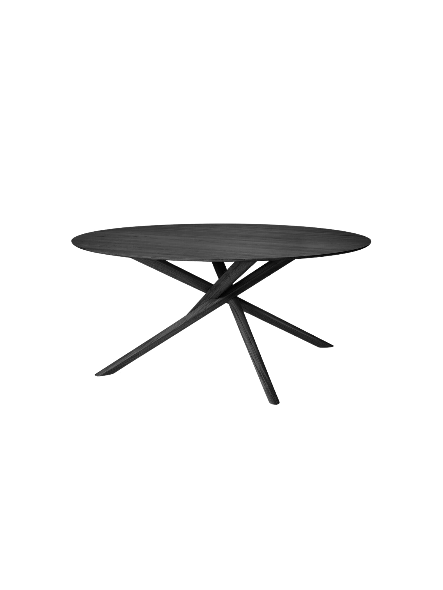Ethnicraft Mikado Dining Table, a sophisticated oval dining table crafted from dark solid oak wood, showcasing a visible grain and a striking sculptural base with intersecting legs. This contemporary and minimalist design makes it an ideal centerpiece for modern dining rooms or elegant kitchen spaces.