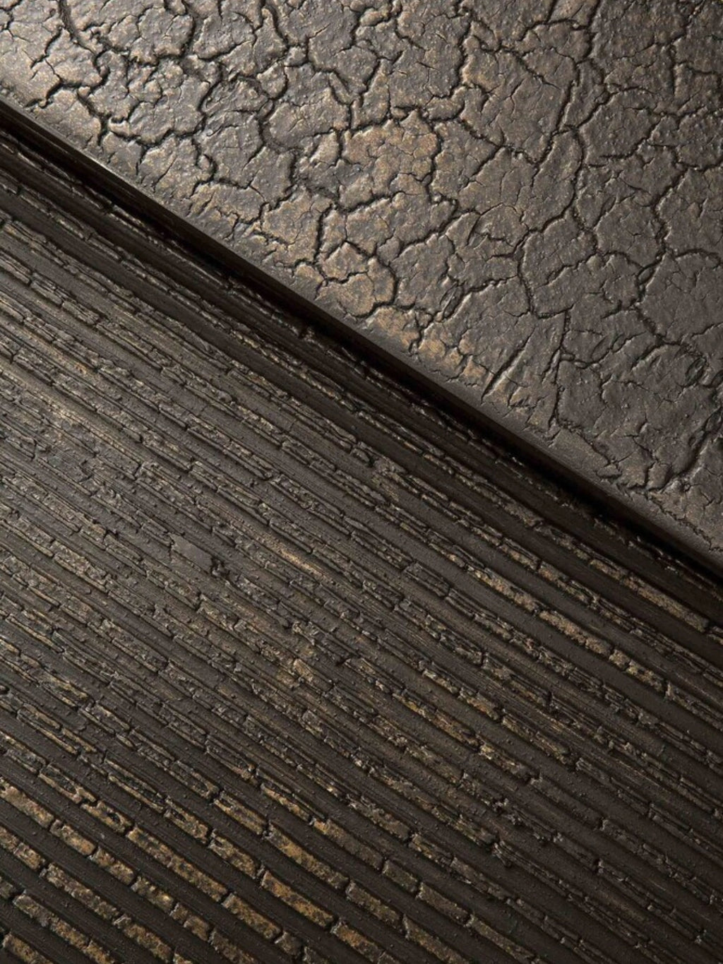 Ethnicraft Pentagon Nesting Coffee Table Set in a rich whisky finish, showcasing a unique, textured, dark brown wood grain with a cracked, organic pattern on one surface and fine, parallel grooves on the other, creating a modern, sophisticated aesthetic.
