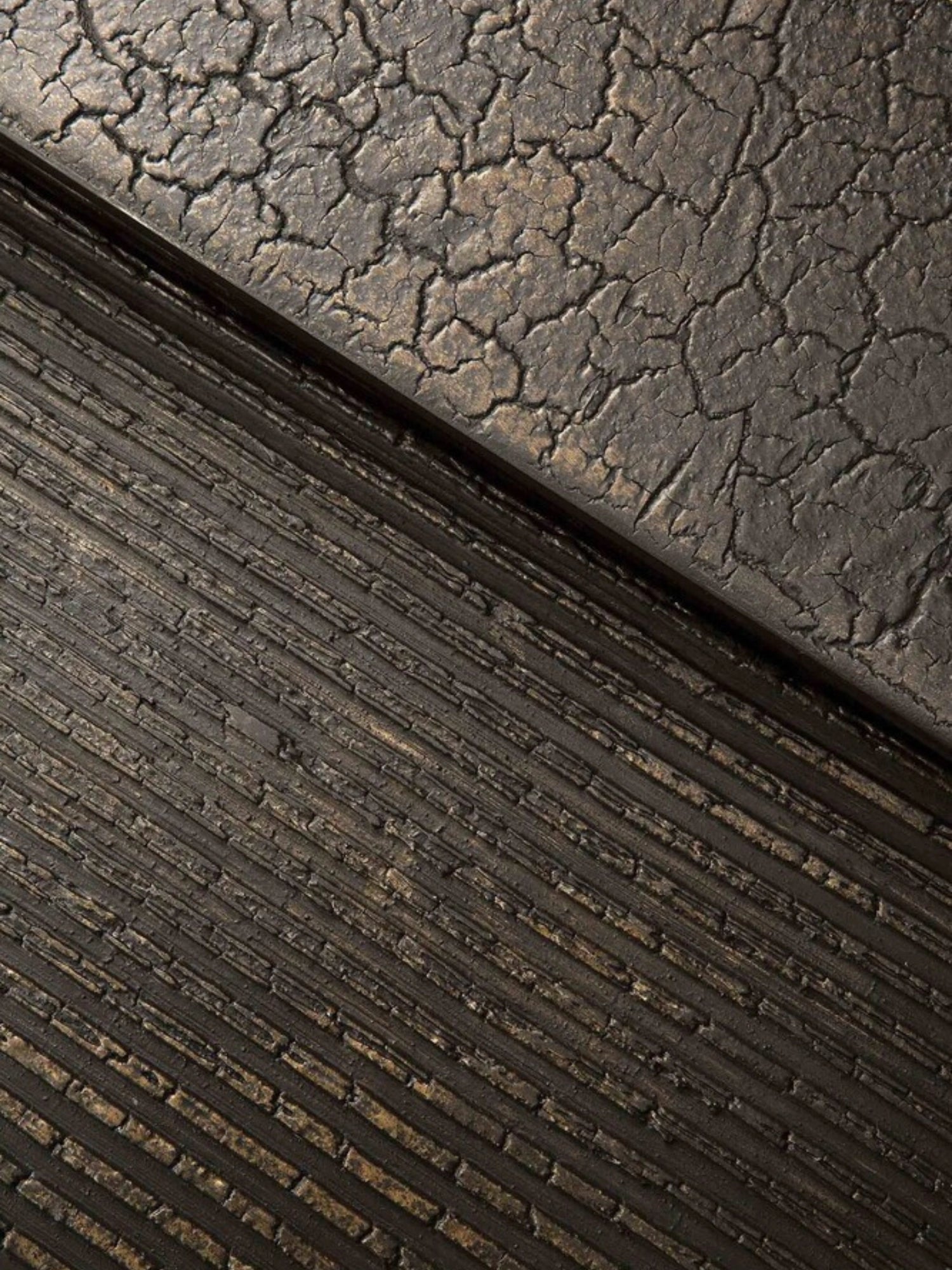 Ethnicraft Pentagon Nesting Coffee Table Set in a rich whisky finish, showcasing a unique, textured, dark brown wood grain with a cracked, organic pattern on one surface and fine, parallel grooves on the other, creating a modern, sophisticated aesthetic.