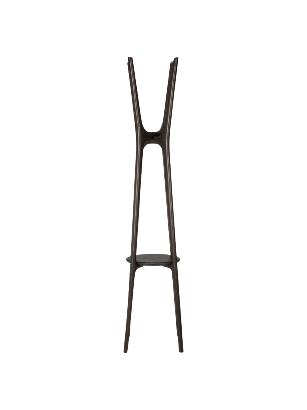 Ethnicraft PI Coat Stand, a dark brown solid wood coat rack featuring a sculptural and organic modern design with an X-shaped top for hanging and an integrated circular shelf. This tall, minimalist coat stand is perfect for stylish entryways, hallways, or contemporary mudroom organization in organic modern interiors.