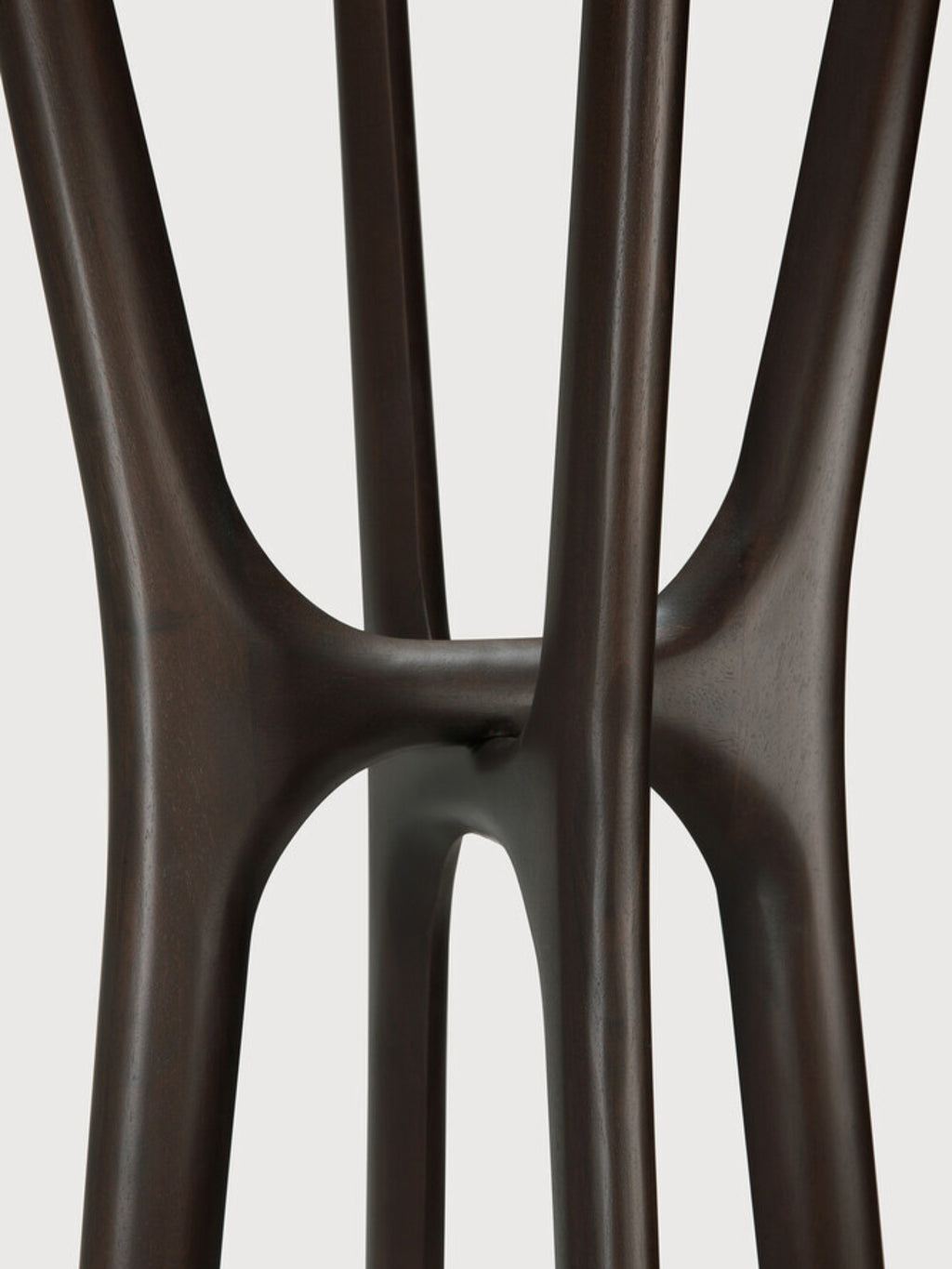 Ethnicraft PI Coat Stand, a dark brown solid wood coat rack featuring an organic modern sculptural design with smooth, interlocking curved branches and a rich walnut finish. This contemporary minimalist coat stand is perfect for stylish entryway organization or as a design accent in modern living spaces.