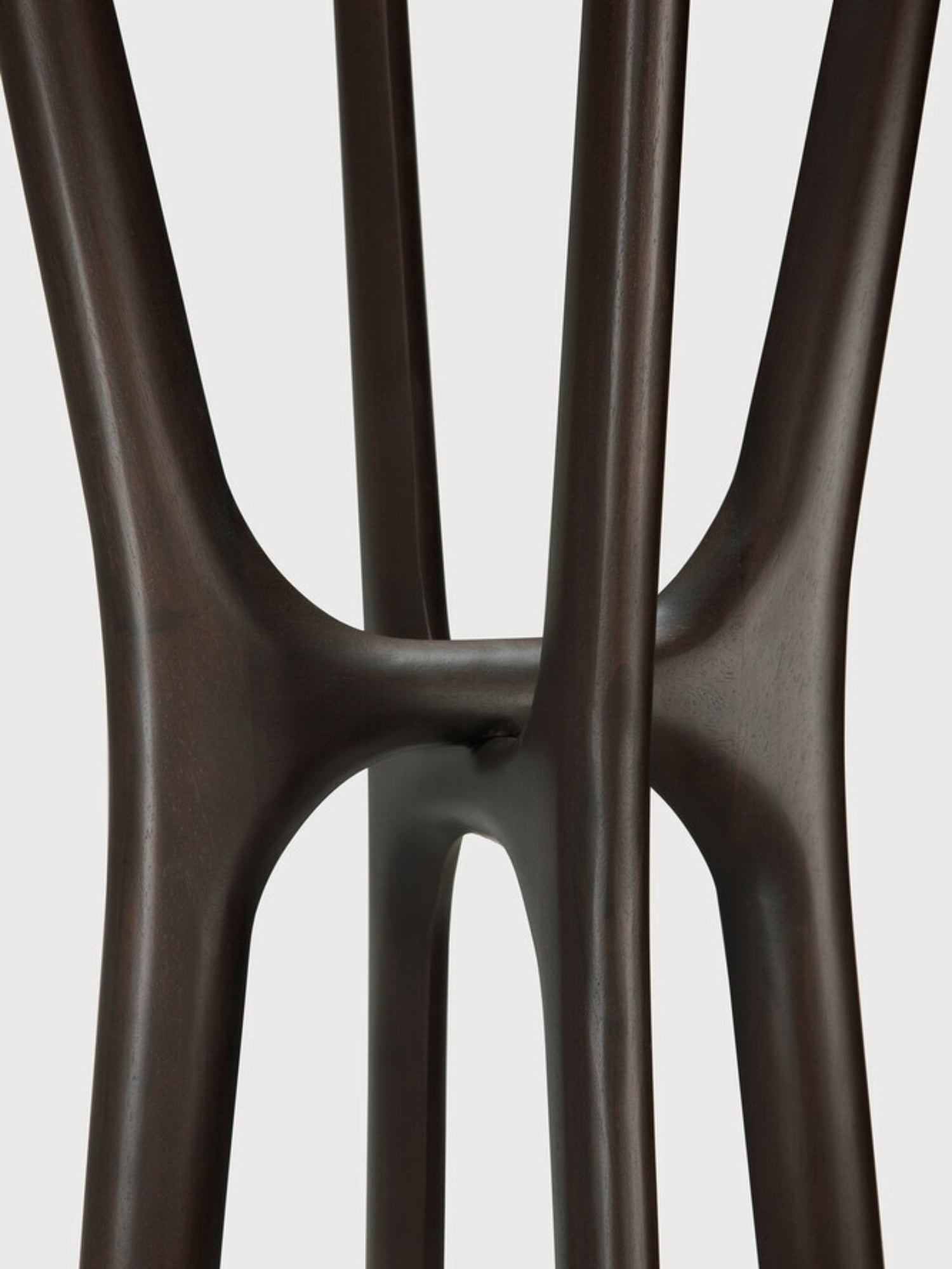 Ethnicraft PI Coat Stand, a dark brown solid wood coat rack featuring an organic modern sculptural design with smooth, interlocking curved branches and a rich walnut finish. This contemporary minimalist coat stand is perfect for stylish entryway organization or as a design accent in modern living spaces.