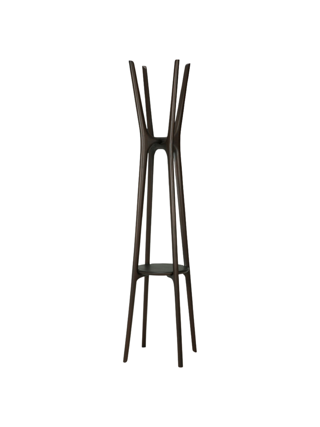 Ethnicraft PI Coat Stand, a modern minimalist coat rack crafted from dark brown solid wood with a sculptural, organic design. It features multiple tapered, branch-like hooks at the top and a circular mid-shelf for additional storage, all supported by splayed legs. Ideal as a stylish entryway coat stand or contemporary hall tree for modern living spaces.
