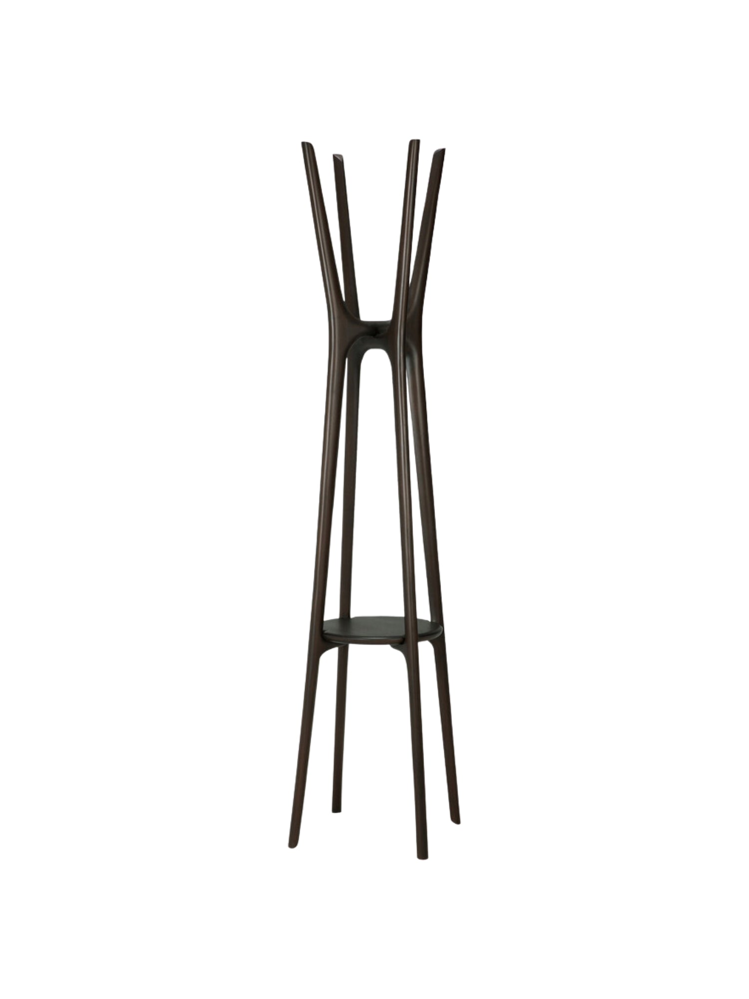 Ethnicraft PI Coat Stand, a modern minimalist coat rack crafted from dark brown solid wood with a sculptural, organic design. It features multiple tapered, branch-like hooks at the top and a circular mid-shelf for additional storage, all supported by splayed legs. Ideal as a stylish entryway coat stand or contemporary hall tree for modern living spaces.