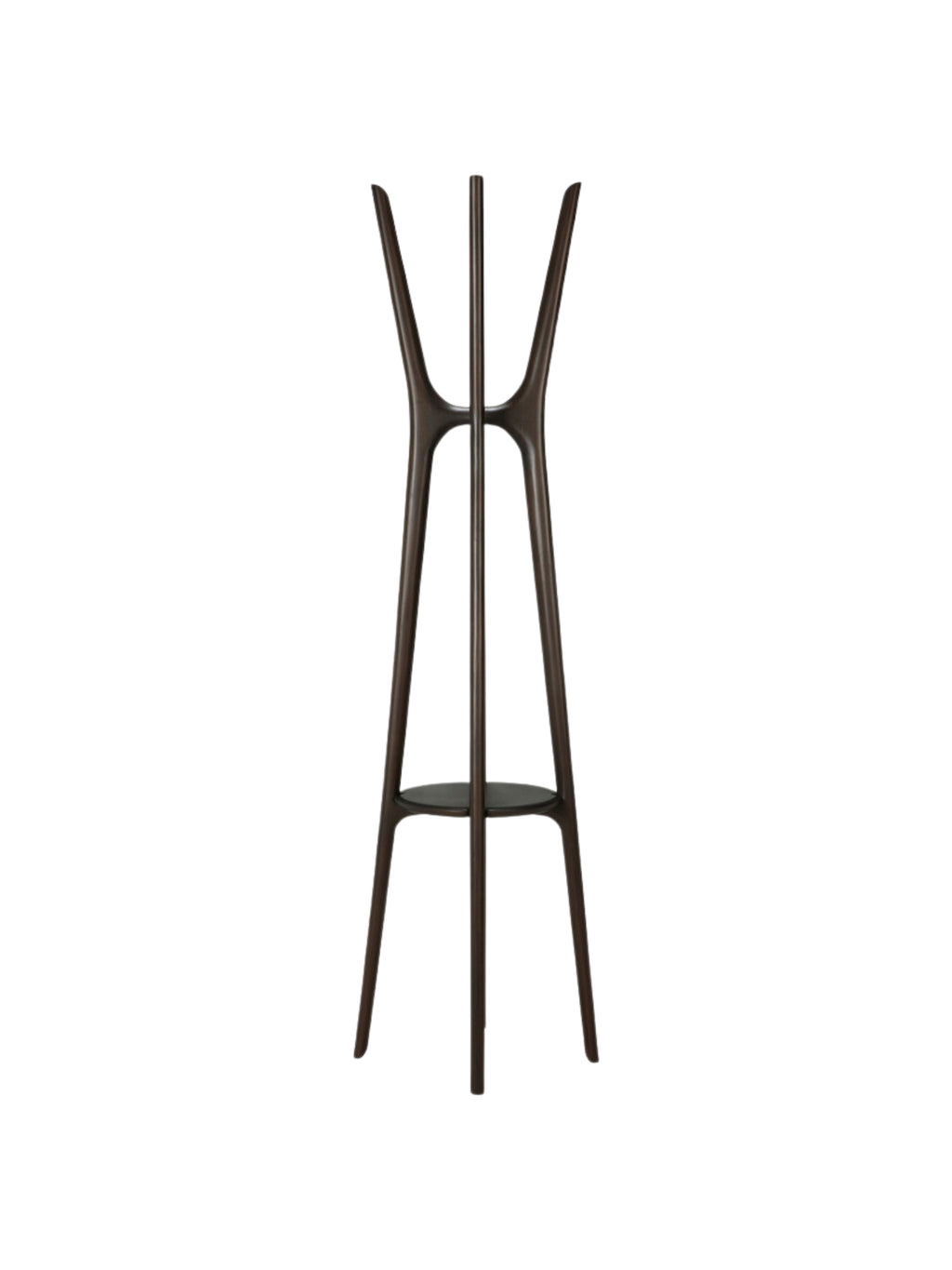 Ethnicraft PI Coat Stand, a dark brown solid teak wood coat rack featuring an organic, sculptural design with four upward-curving branches and a sturdy central pole. This modern minimalist hall tree includes a small circular shelf for accessories and a stable tripod base, presenting a sleek profile. Perfect as a contemporary entryway coat stand or a stylish accent for organic modern living spaces.