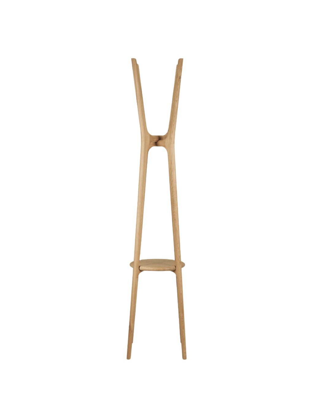 Ethnicraft PI Coat Stand, a modern minimalist solid oak coat rack with a natural light wood finish, featuring a distinctive V-shaped top for hanging and a small round shelf. This Scandinavian-inspired design is perfect for stylish hallway organization or as an elegant entryway accent in contemporary homes.