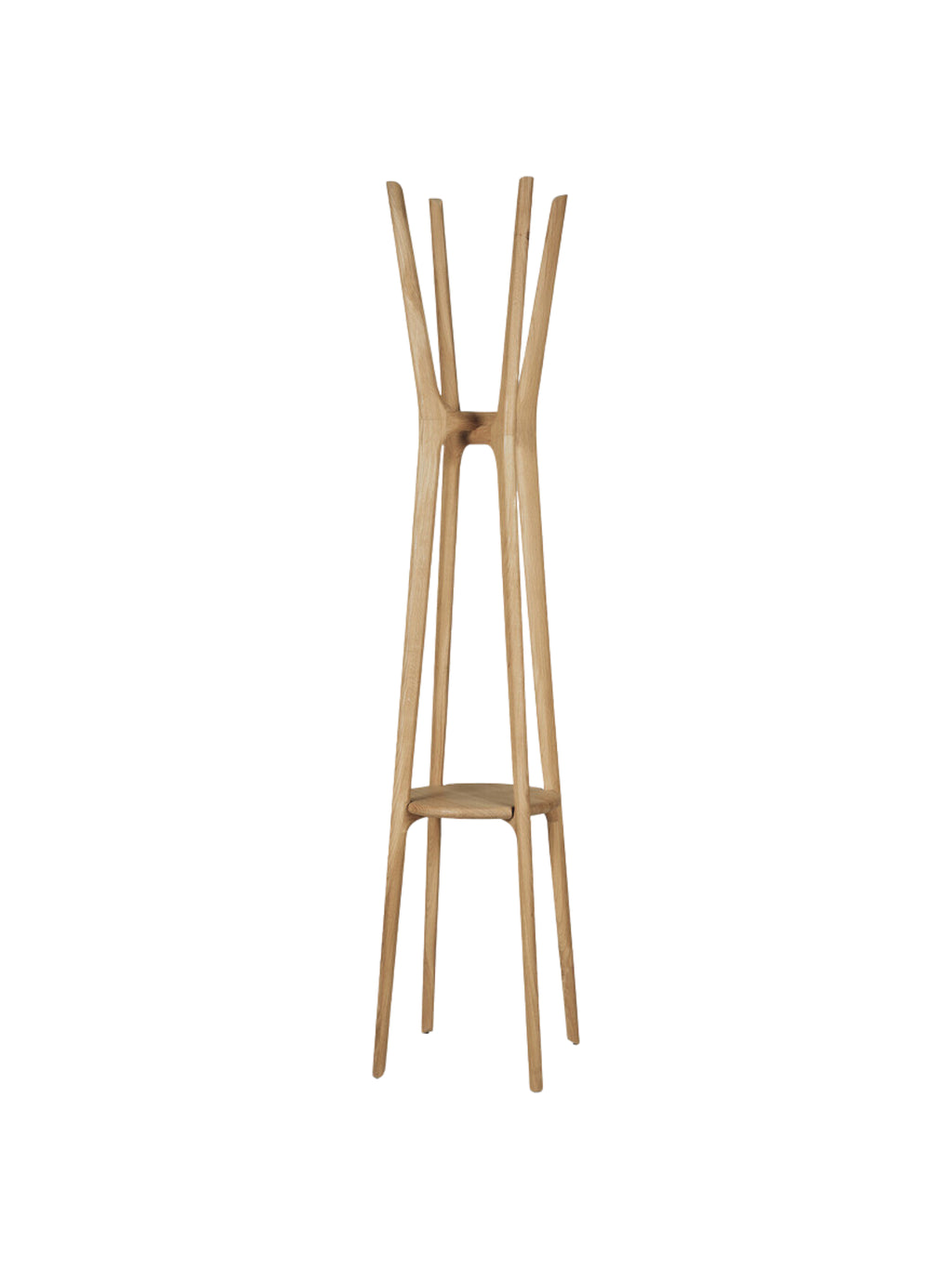 Ethnicraft PI Coat Stand, a modern minimalist freestanding coat rack crafted from solid natural light oak wood. It features an elegant, sculptural design with tapering branches at the top for hanging coats and a lower circular support adding stability and visual interest. This Scandinavian-inspired organic modern hall tree is perfect for adding functional style to any entryway, mudroom, or contemporary living space.