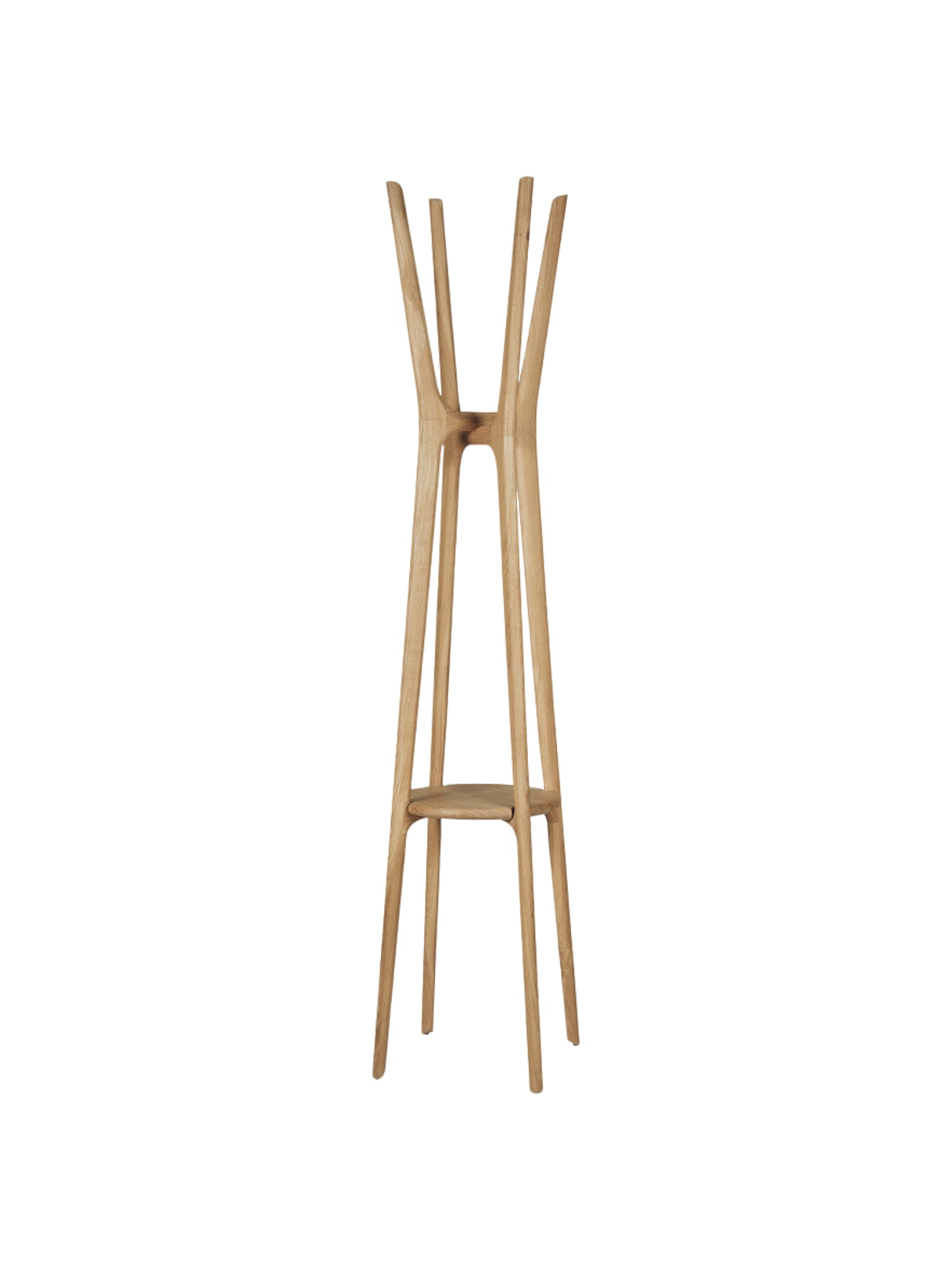Ethnicraft PI Coat Stand, a modern minimalist freestanding coat rack crafted from solid natural light oak wood. It features an elegant, sculptural design with tapering branches at the top for hanging coats and a lower circular support adding stability and visual interest. This Scandinavian-inspired organic modern hall tree is perfect for adding functional style to any entryway, mudroom, or contemporary living space.
