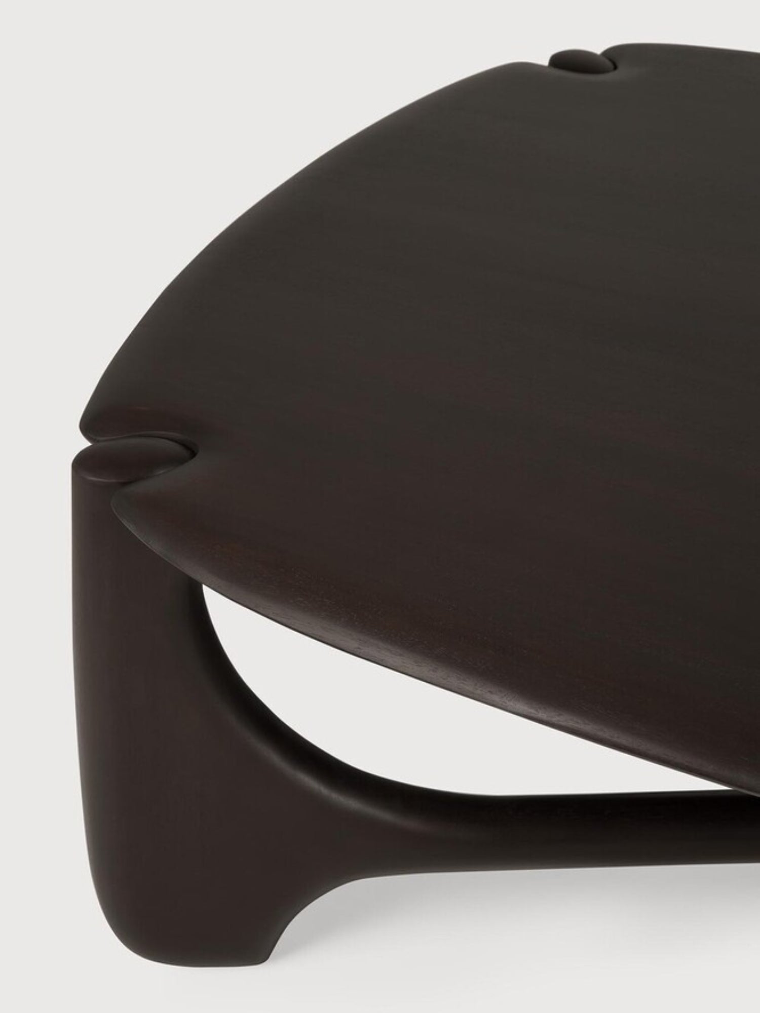 Ethnicraft PI Coffee Table in Mahogany Dark Brown, Pebble shape. Angled close-up of the table's edge, highlighting the smooth, dark brown mahogany wood and the unique, rounded, pebble-like shape of the tabletop and leg connection.