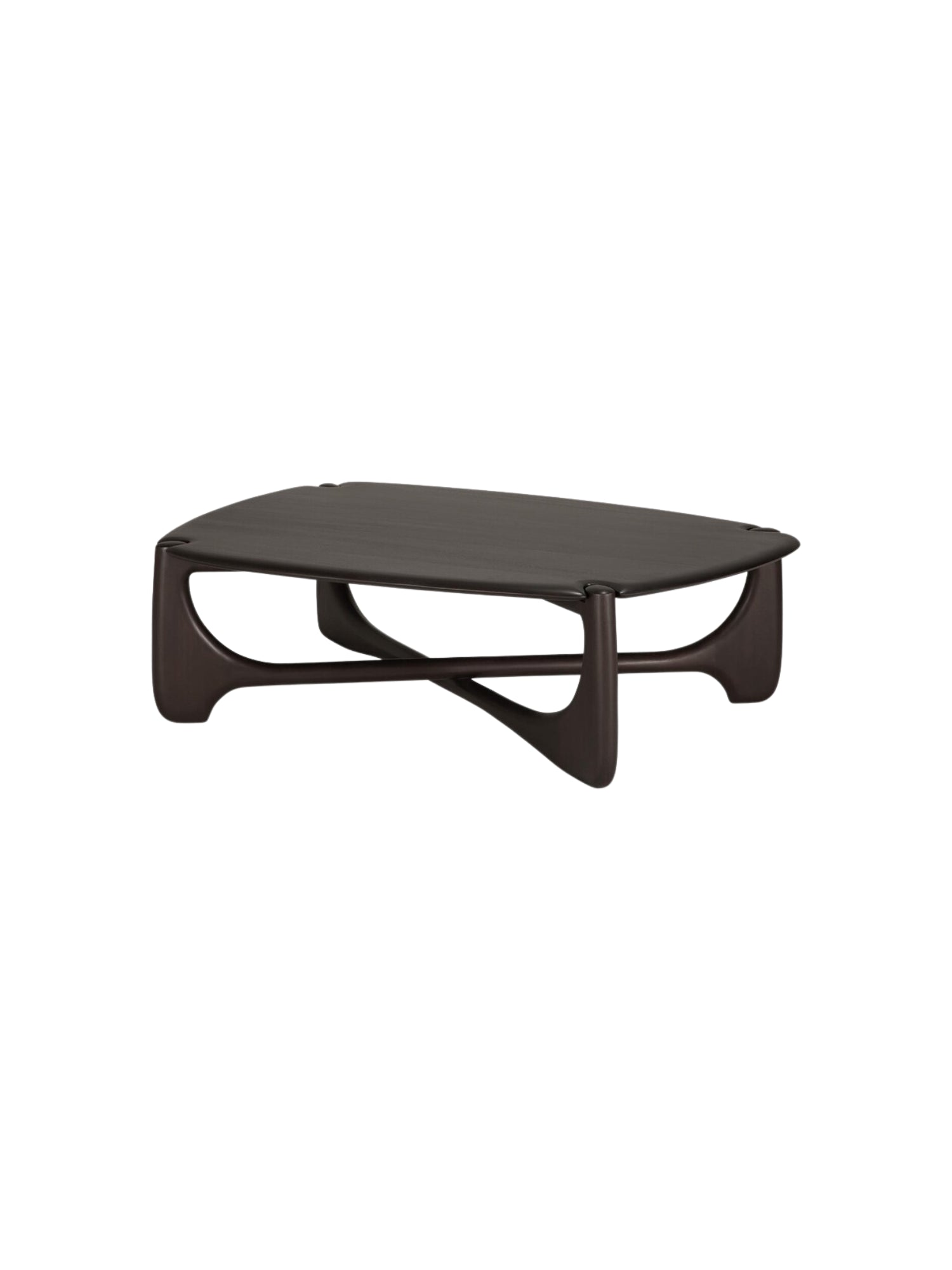 Ethnicraft PI Coffee Table in mahogany dark brown, featuring a unique pebble-shaped top and elegantly curved, intersecting legs, viewed from the side on a clean white background. This modern design highlights the rich wood grain.