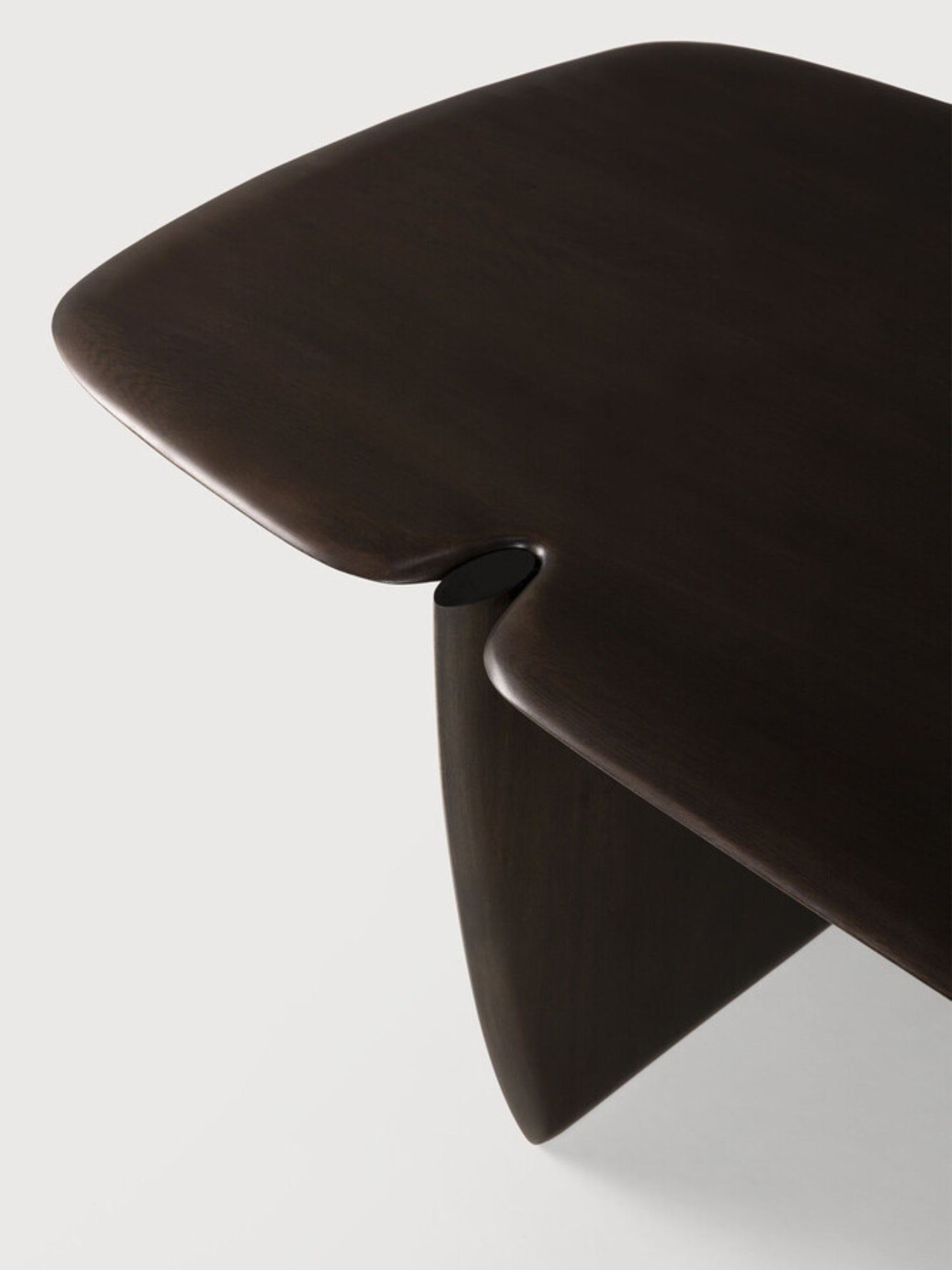 Ethnicraft PI Coffee Table, a top-down detailed view of the dark brown mahogany rectangular wooden coffee table, emphasizing its organic, flowing lines and the craftsmanship of its design.