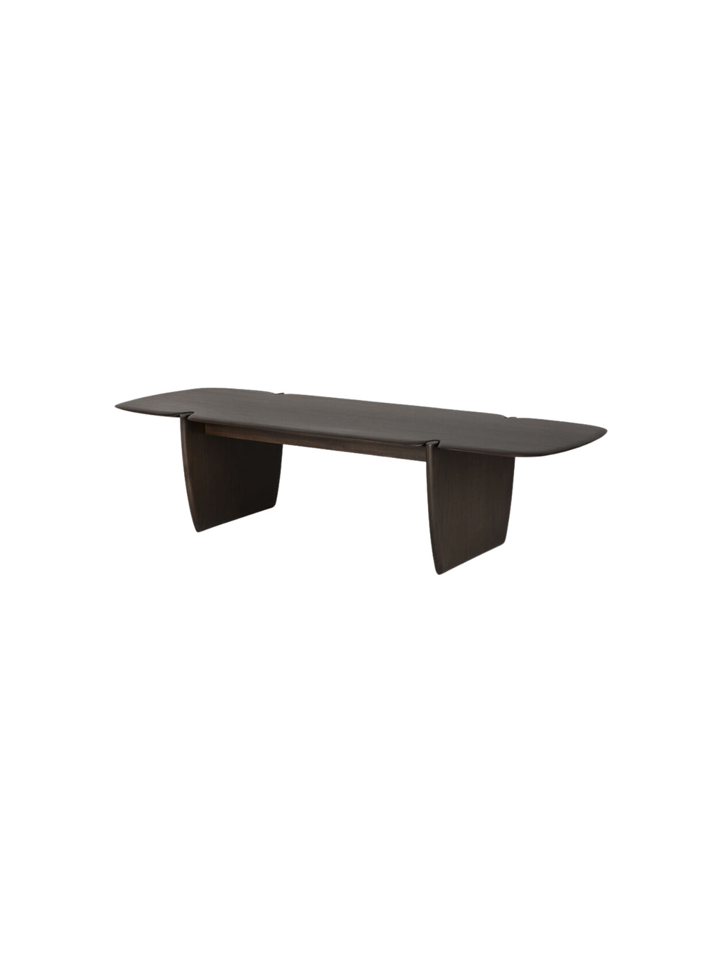 Ethnicraft PI Coffee Table in rich mahogany dark brown, featuring a rectangular top and solid, angular panel legs, viewed from the side on a clean white background. This sophisticated design offers a timeless aesthetic.