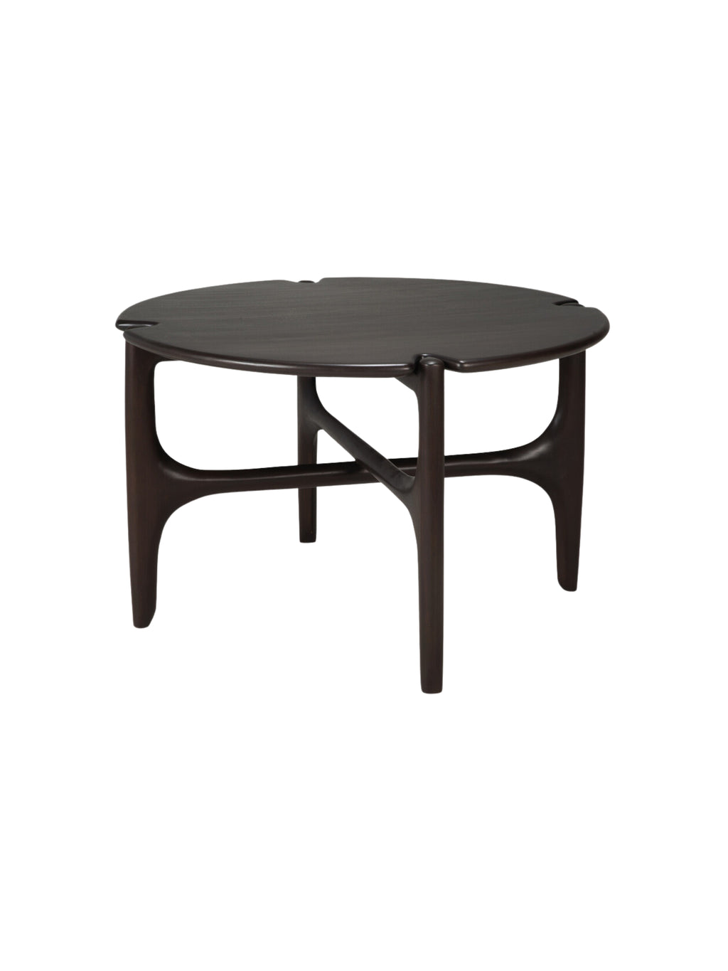 Ethnicraft PI Coffee Table, 80cm round, in mahogany dark brown. This sophisticated design boasts a spacious, dark circular top and gracefully curved, interlocking legs, presented from the front on a crisp white background.