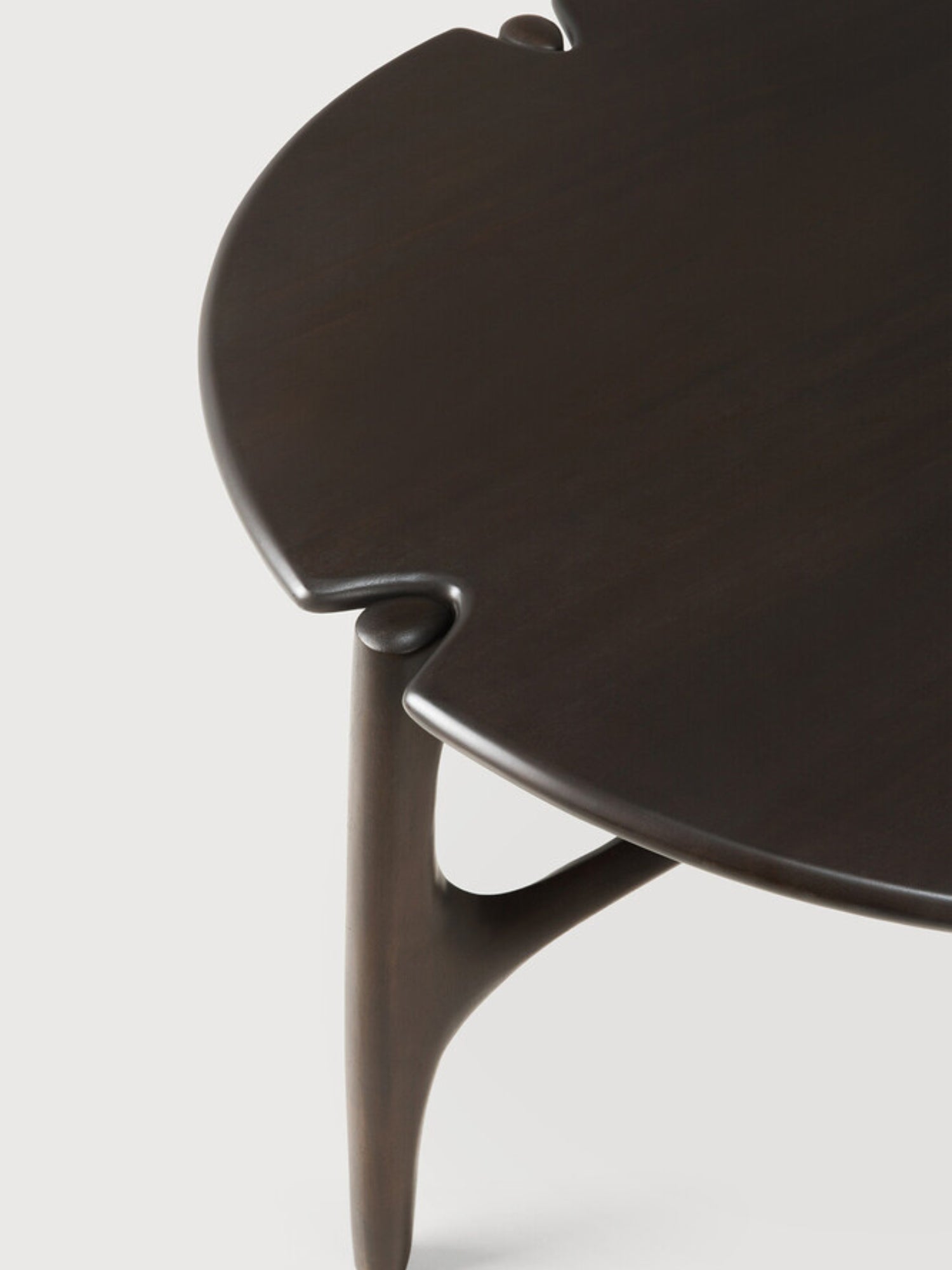 Ethnicraft PI Coffee Table, a dark brown mahogany round table with elegant, organic curves and a smooth, polished finish, displayed on a clean white background.