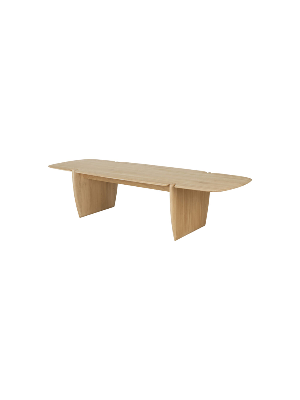 Ethnicraft PI Coffee Table in natural oak, featuring a sleek rectangular top and sturdy, minimalist panel legs, presented from the side on a clean white background. This elegant design emphasizes the light wood's natural beauty.